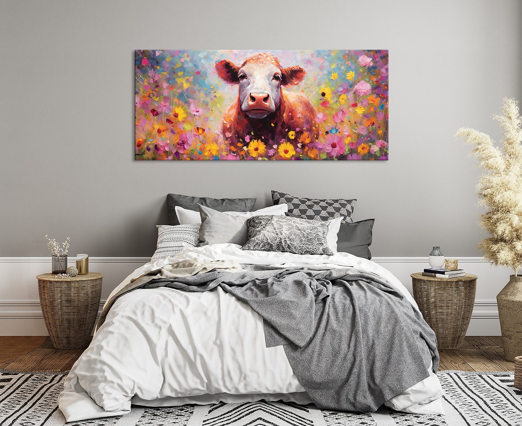 Bönninghoff Leinwandbild Wandbild BUNTE KUH 60x140 cm – Leinwandbild Keilrahmen Deko modern, Blumen, Kuh, Kühe (1 St), auf Keilrahmen gespannt – Bild 4 von 5