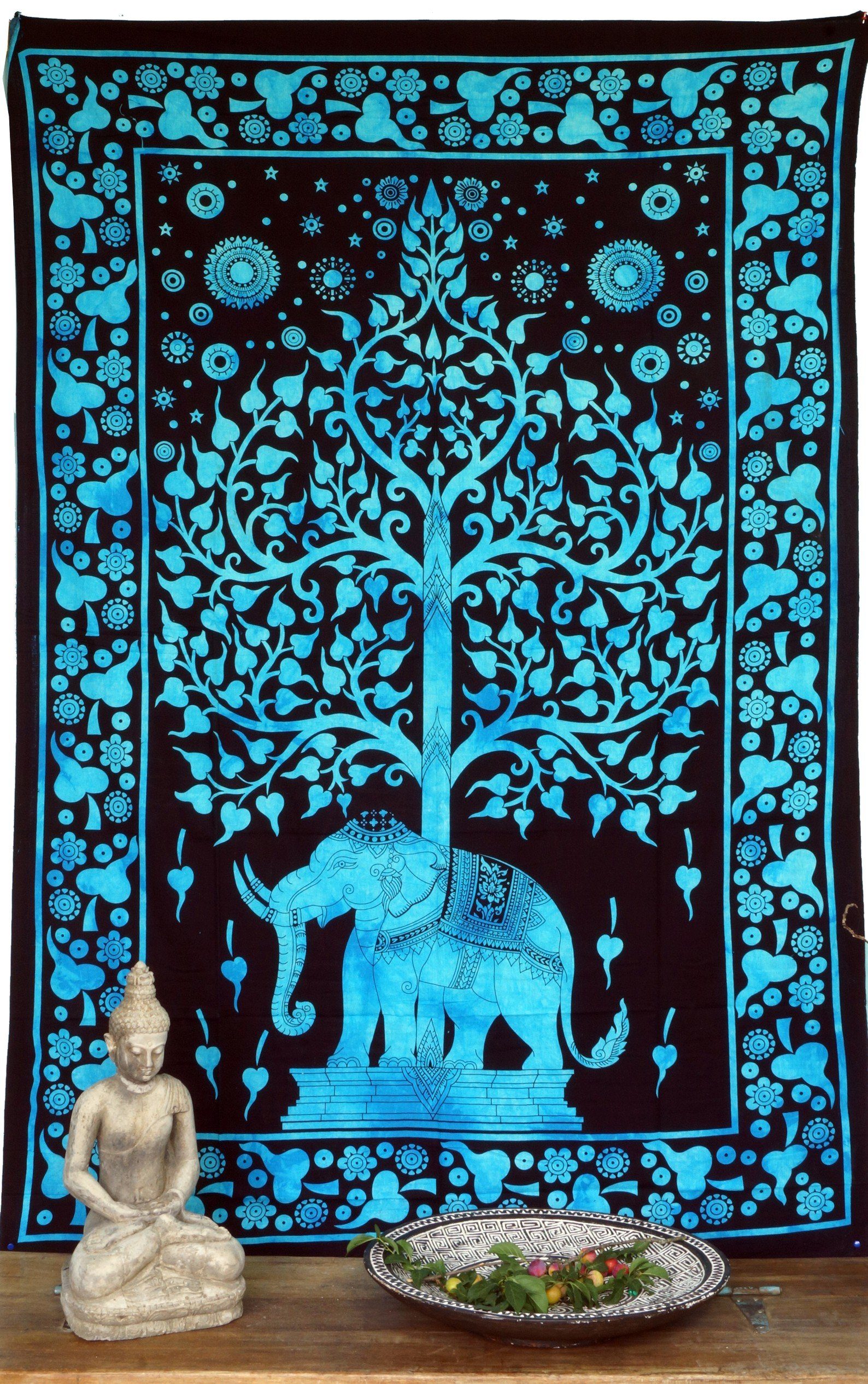 Tagesdecke Boho-Style Wandbehang, indische Tagesdecke -.., Guru-Shop Tree of Life Elefant / türkis