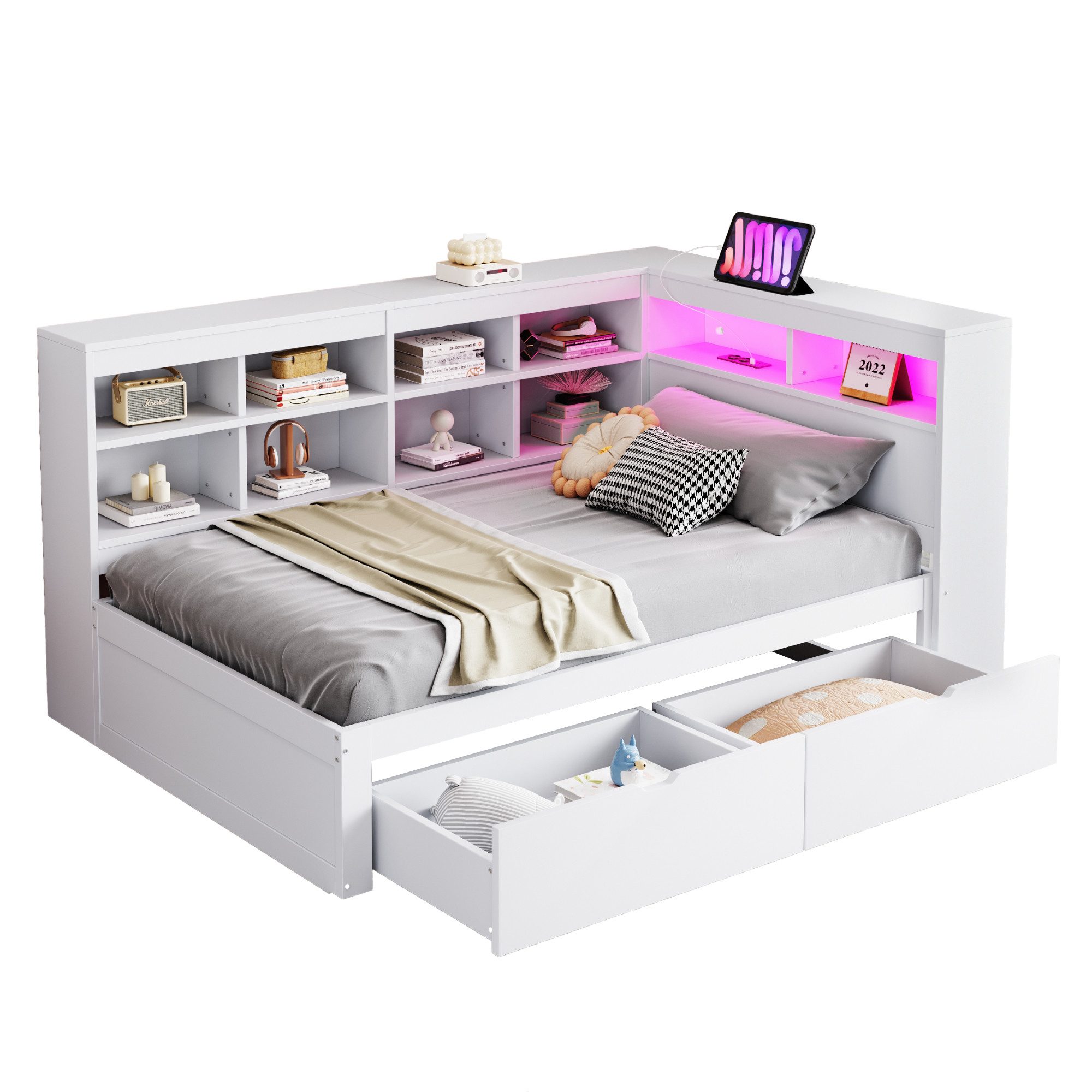 Odikalo Massivholzbett Holzbett Schlafsofa 90x200 USB LED Regal Stauraum Ablagefach Weiß/Grau