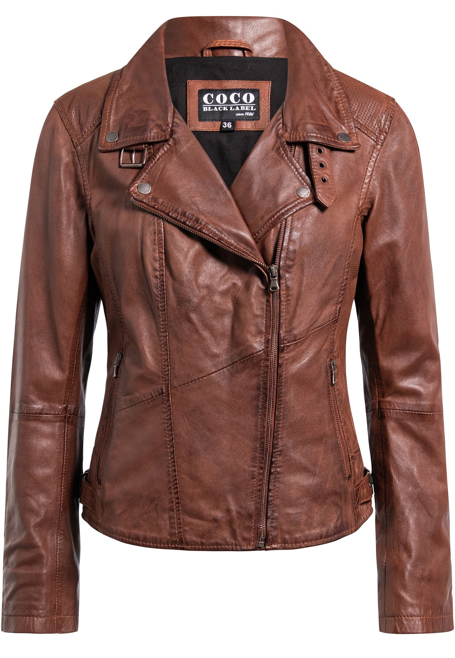 mit Lederjacke Biker-Look CBL im Braun Lederjacke Reverskragen Perforation und Mokka