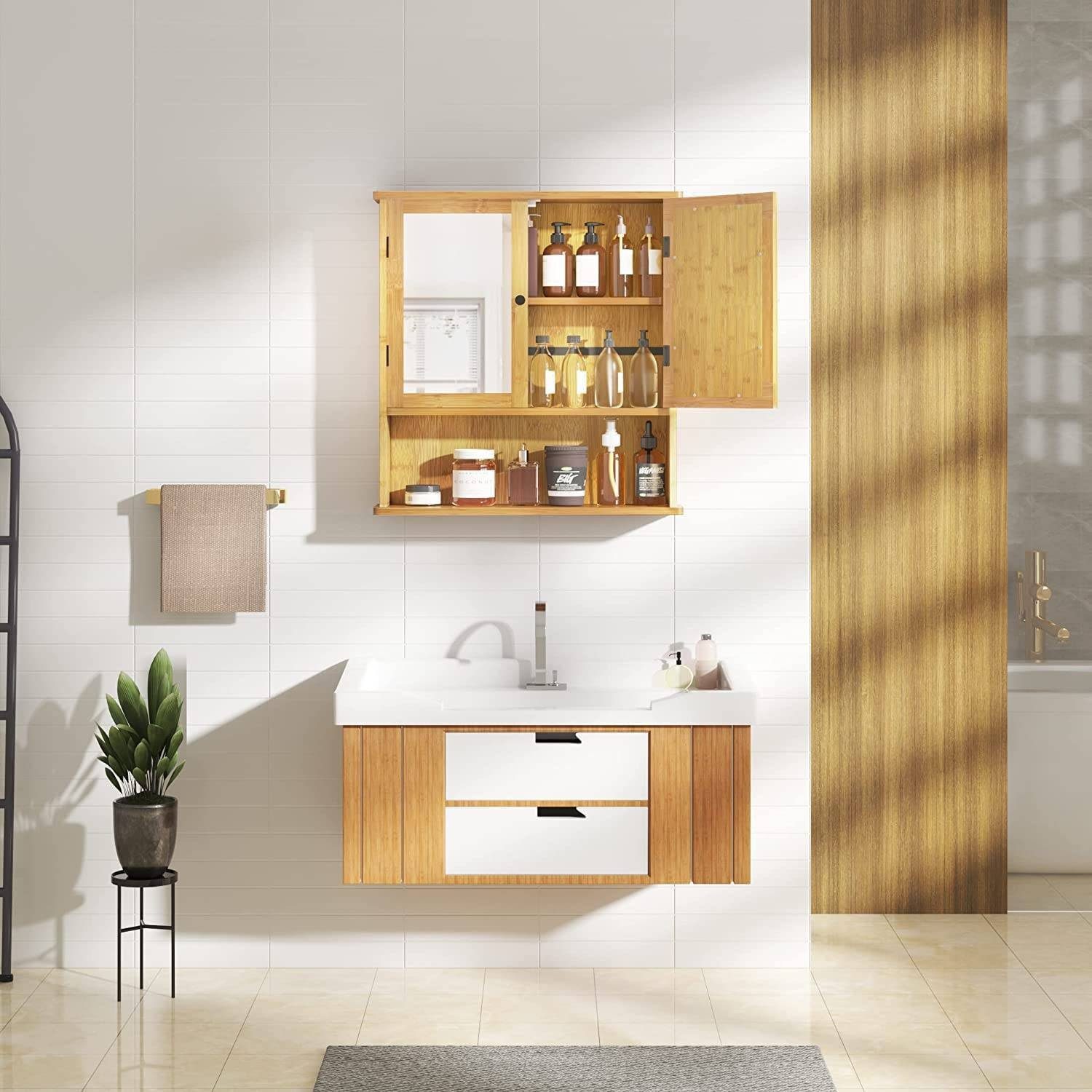 EUGAD Spiegelschrank (1-St) mit Verstellbarer Ablage, aus Bambus – Bild 4 von 5