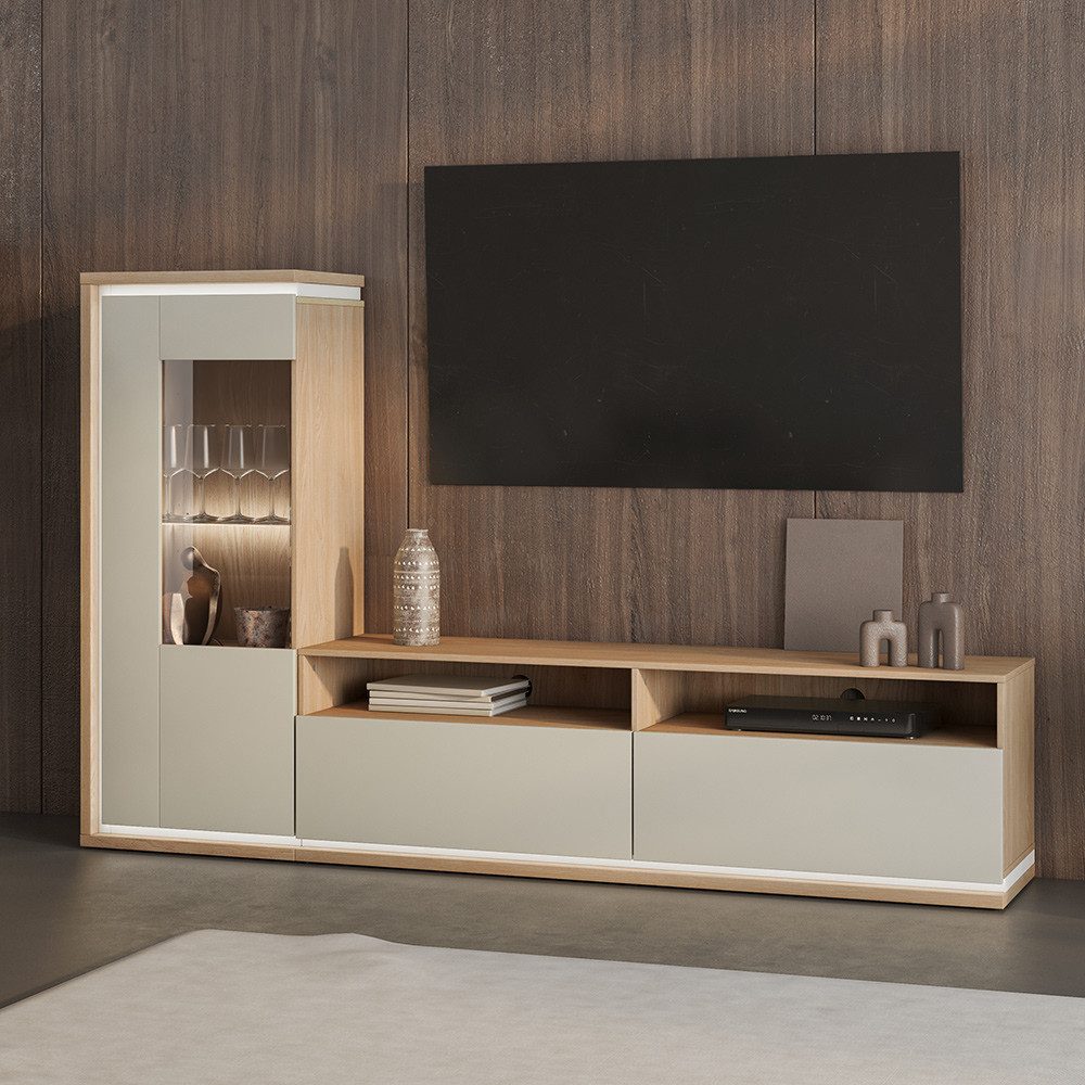 Lomadox Wohnwand DRACHTEN-83, (2-St., Vitrine Lowboard), Schrankwand Eiche kaschmir Modern inkl. LED-Beleuchtung