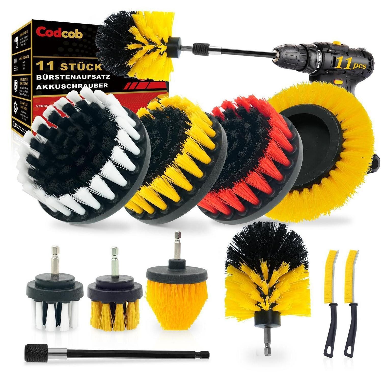 LuxusKollektion Reinigungsbürsten-Set Bürstenaufsatz Akkuschrauber Set 11tlg. m. Verlängerung, (1-tlg)