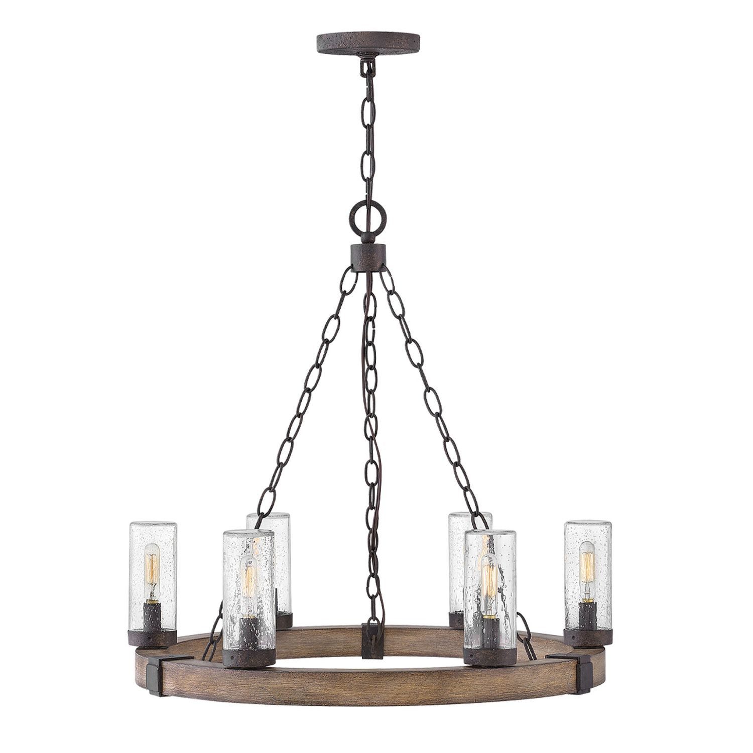Licht-Erlebnisse Kronleuchter PAVEL, ohne Leuchtmittel, Metall Glas rund D: 61 cm IP44 6x E14 Holzoptik Rustikal