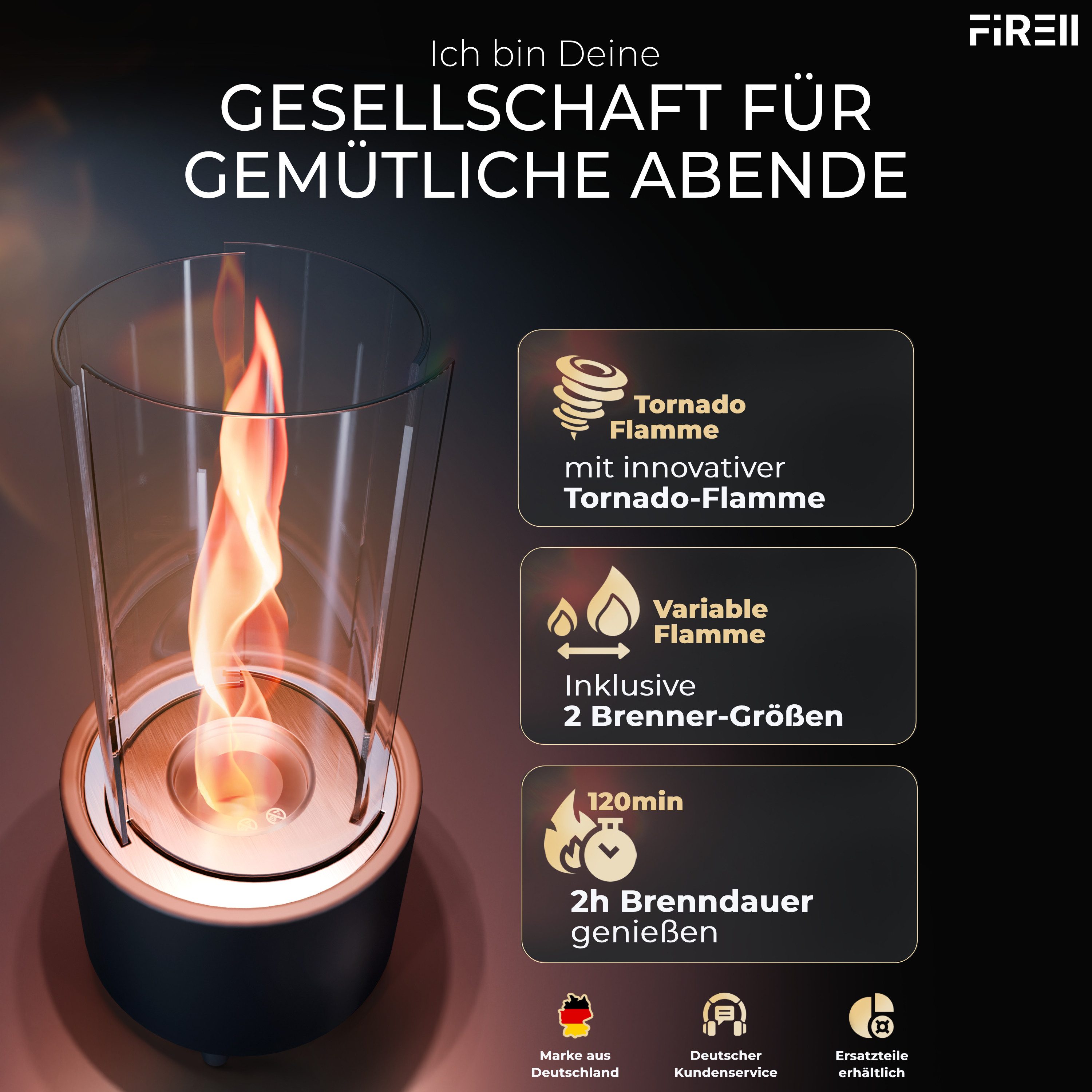 FIRELL Tischfeuer Ethanol Tischkamin Indoor & Outdoor Echtfeuer-Dekokamin (aus Edelstahl, Komplett-Set), Verstellbare Flamme, 2h Brenndauer, Patentierte Wirbelflamme, TÜV geprüft