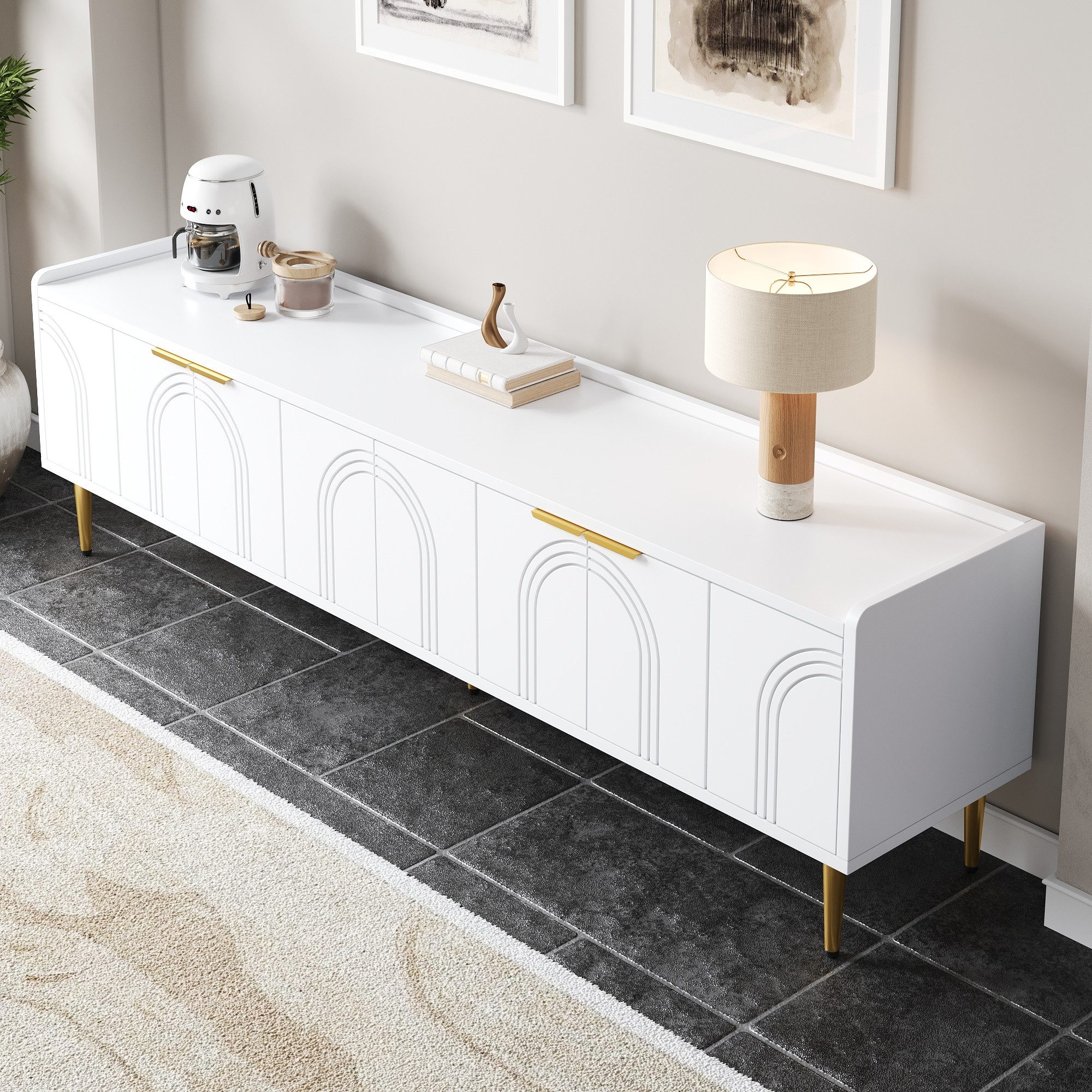 Merax Lowboard mit 3D-Türdesign (Fernsehschrank, 1 St., Stilvoller Stauraum für Wohnzimmer, Entertainmentbereich & mehr), TV-Schrank mit goldenen Griffen & Meta – Bild 4 von 5