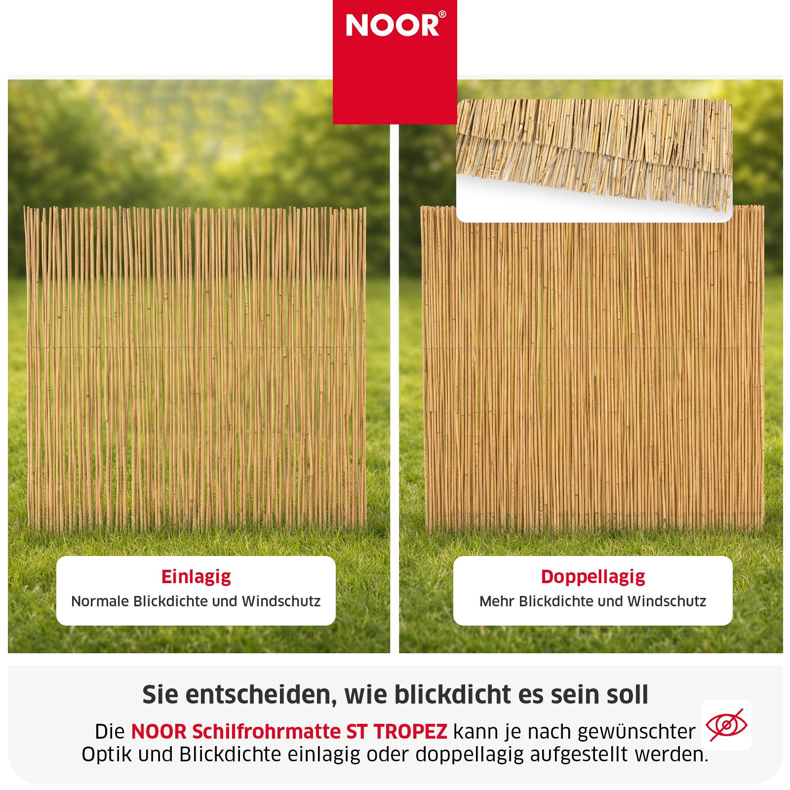 NOOR Sichtschutzzaunmatten Schilfrohrmatte ST. TROPEZ - natürlicher Sichtschutz, Schilfrohr mit Draht verwoben - verschiedene Größen