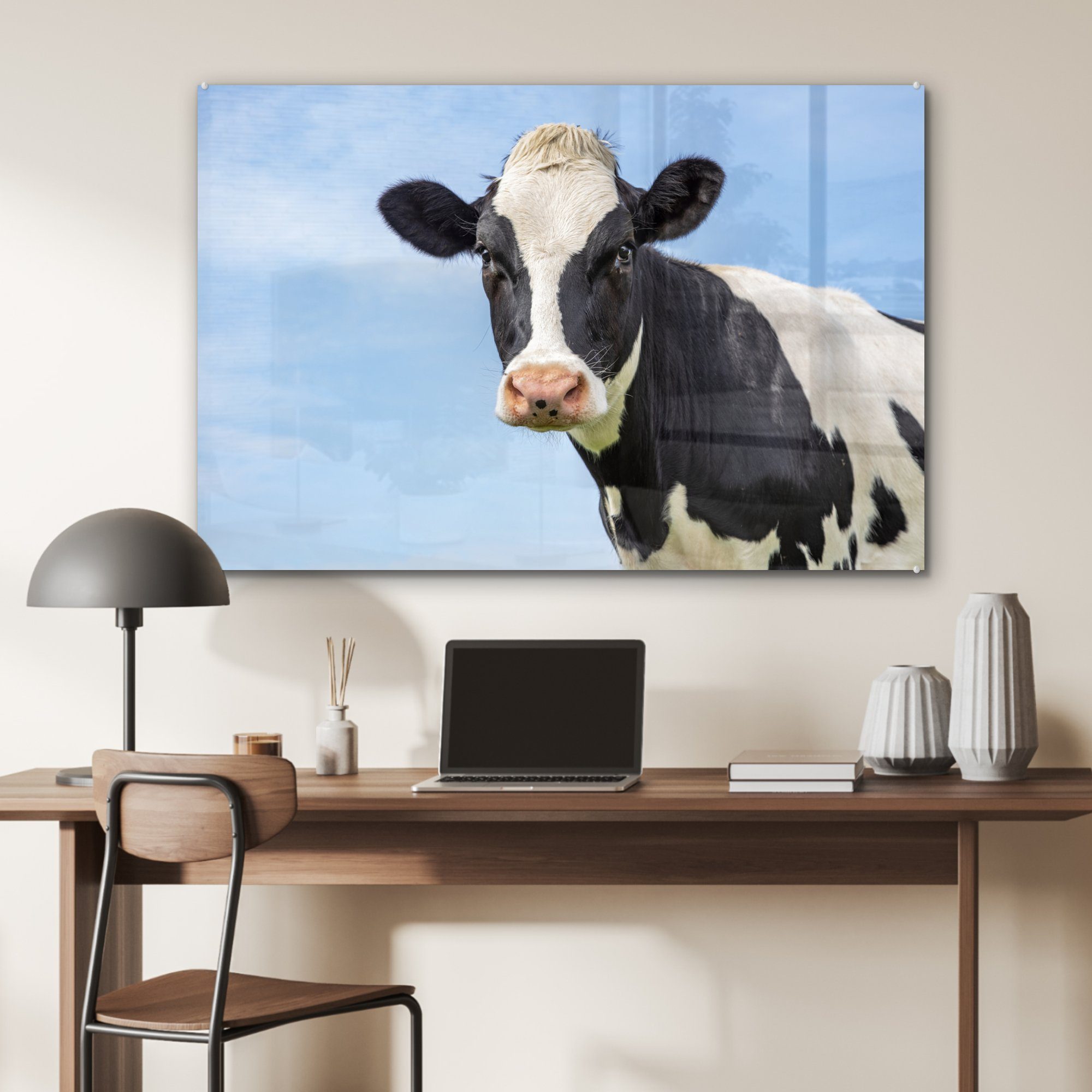 MuchoWow Acrylglasbild Kuh - - & Acrylglasbilder Tiere (1 St), Porträt - Schlafzimmer Wohnzimmer Himmel