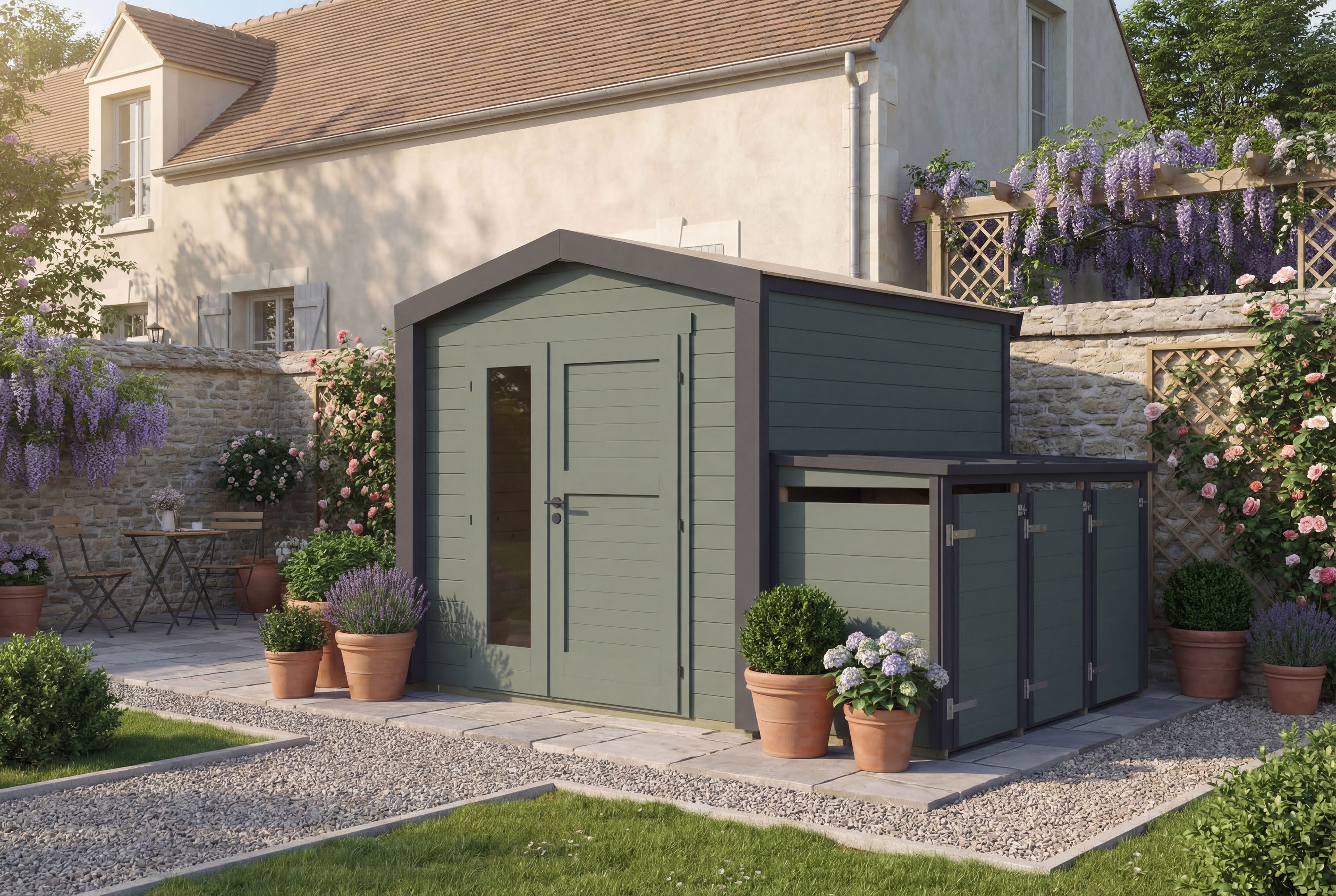 weka Gartenhaus Killarney, BxT: 351x263 cm, Doppeltür, 1 1/2 Seite mit Fenster, inkl. 3er Mülltonnenbox