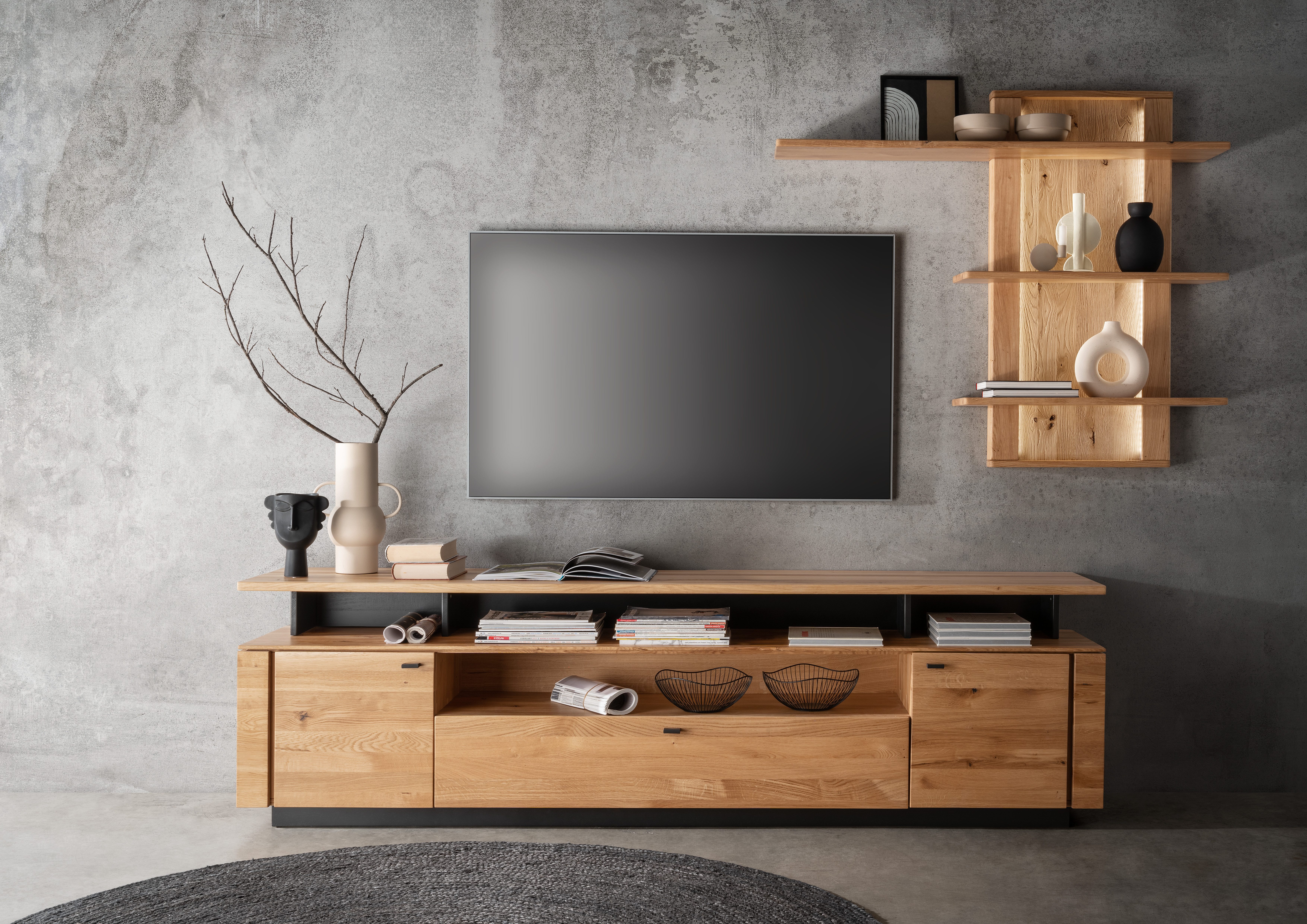Woodroom Wandboard Zwettl, 3 Ablagen, Wildeiche massiv geölt, Hängeregal, Wandregal