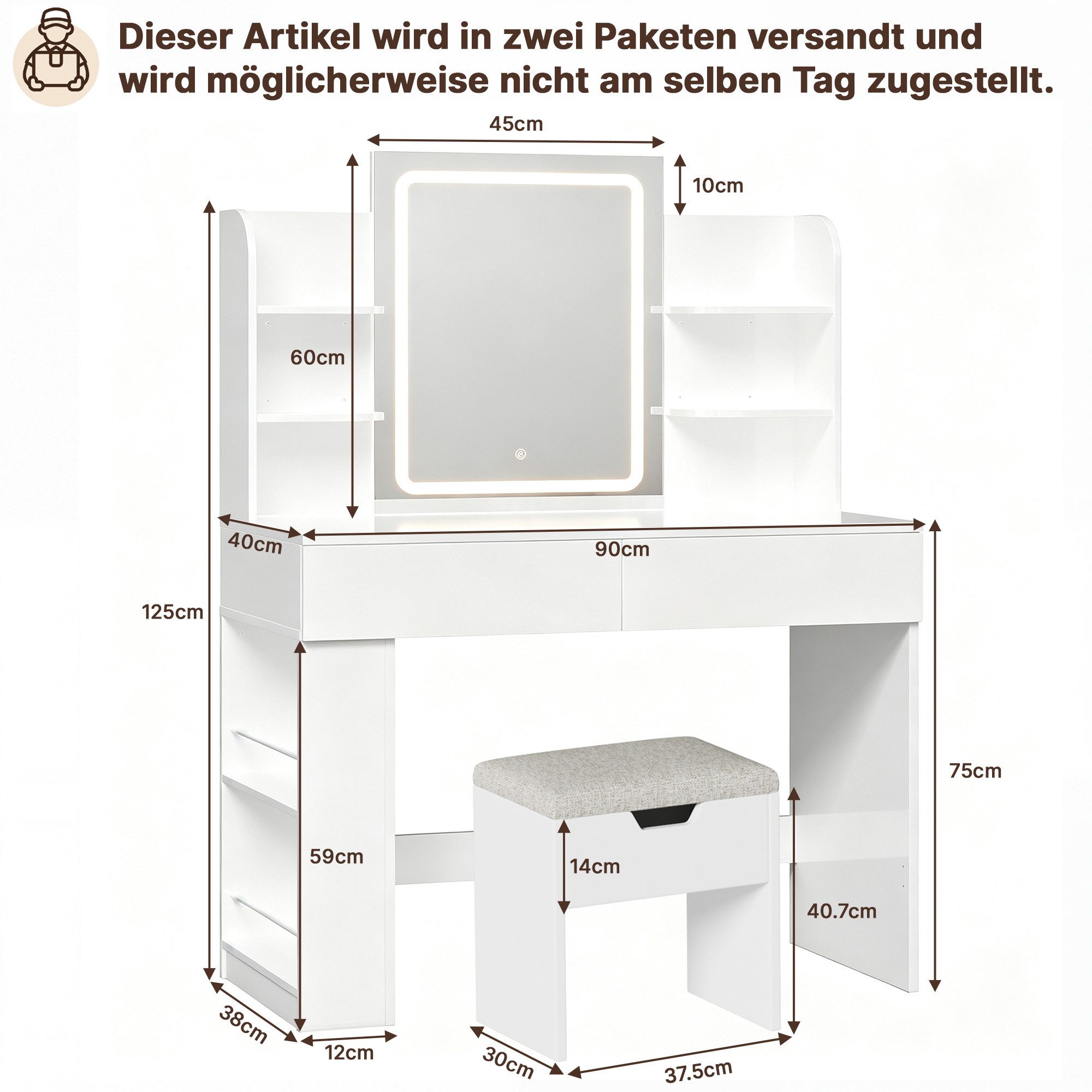 HOMALL Schminktisch mit Spiegel, LED-Beleuchtung, einstellbare Helligkeit, ostern (Langex Brete x Hthe) 90/110 x 40x 135 cm. B ofene Facher (2 seitiche Facher s – Bild 2 von 5
