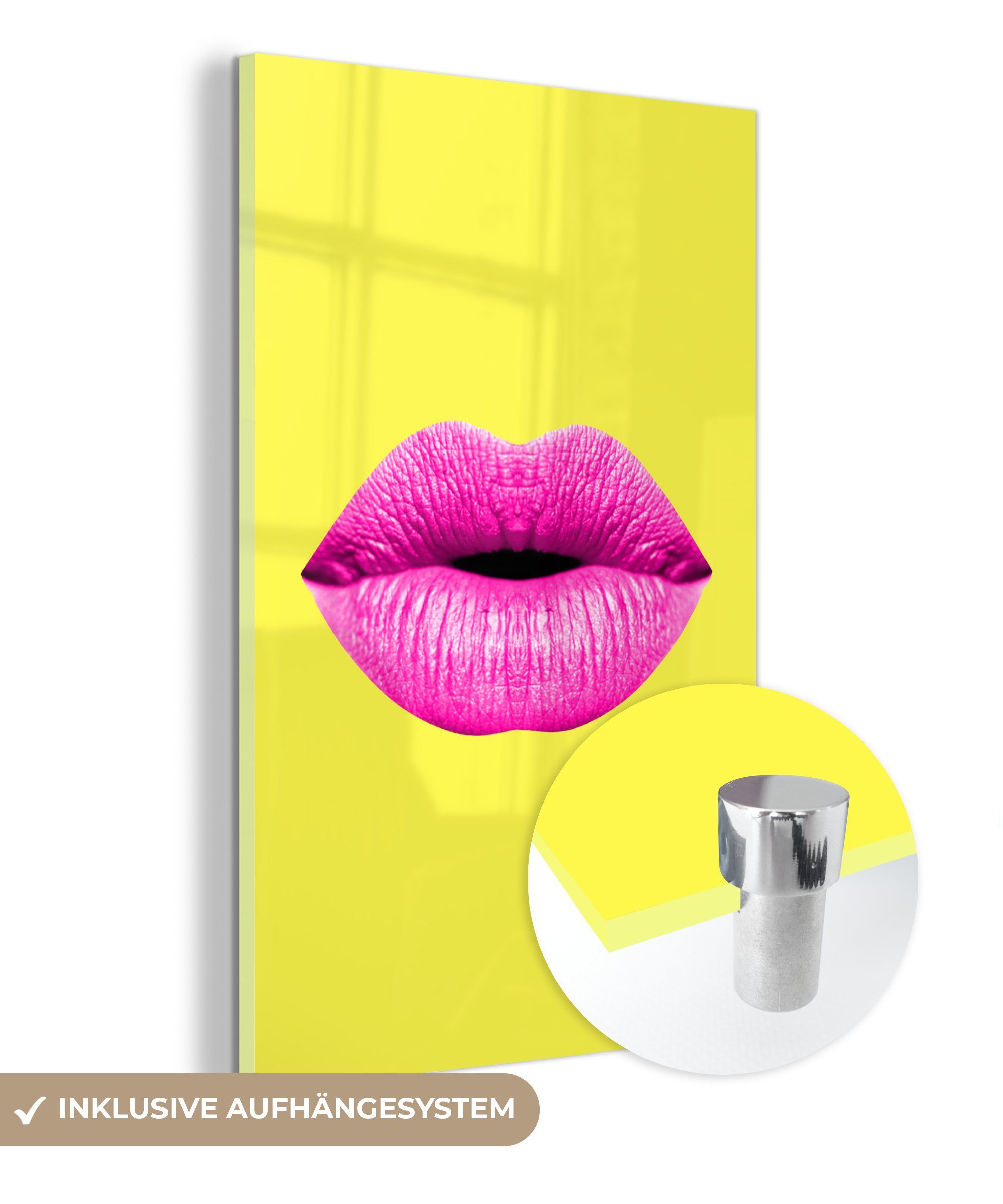 MuchoWow Acrylglasbild Lippen - Rosa - Gelb, (1 St), Glasbilder - Bilder auf Glas Wandbild - Foto auf Glas - Wanddekoration