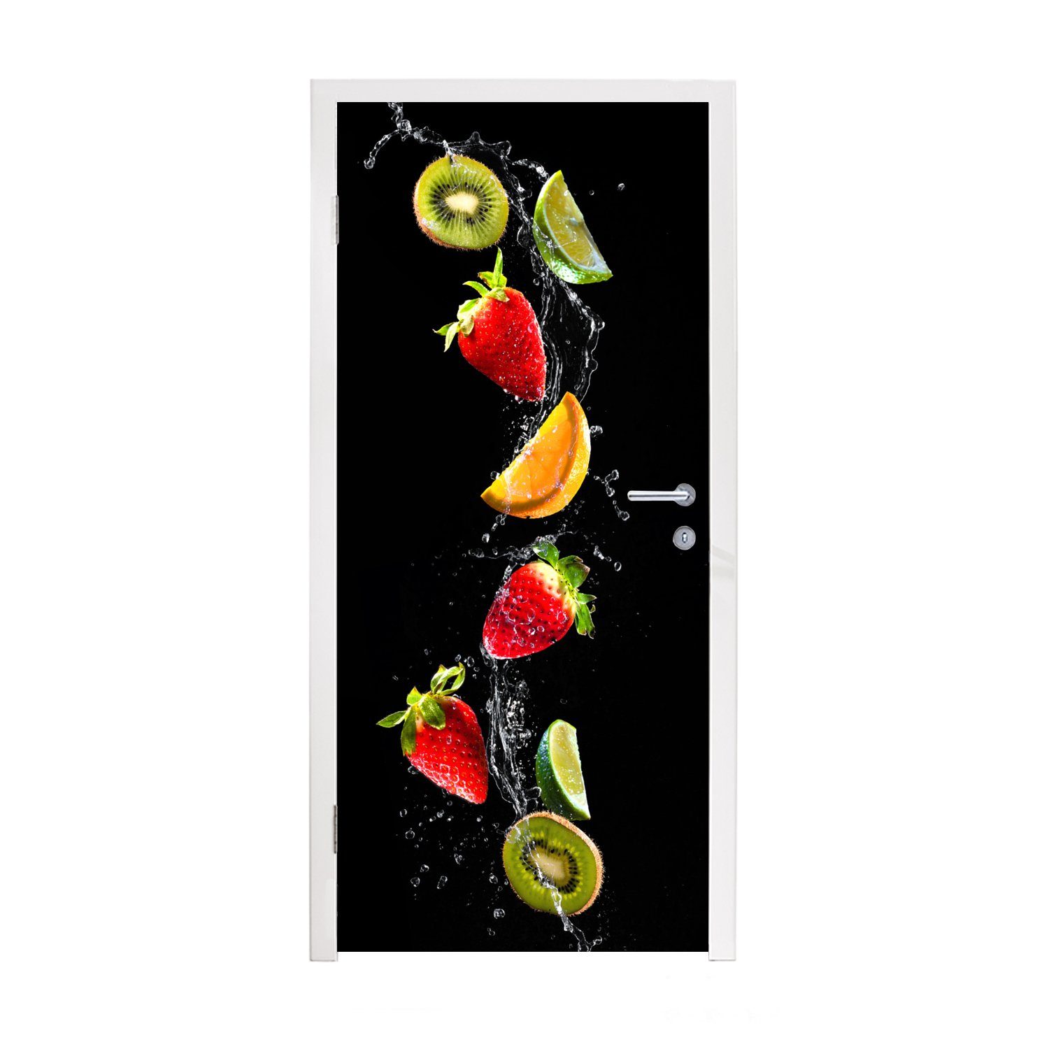 MuchoWow Türtapete Obst - Wasser - Schwarz - Stillleben Erdbeere - Kiwi, Matt, bedruckt, (1 St), Fototapete für Tür, Türaufkleber, 75x205 cm