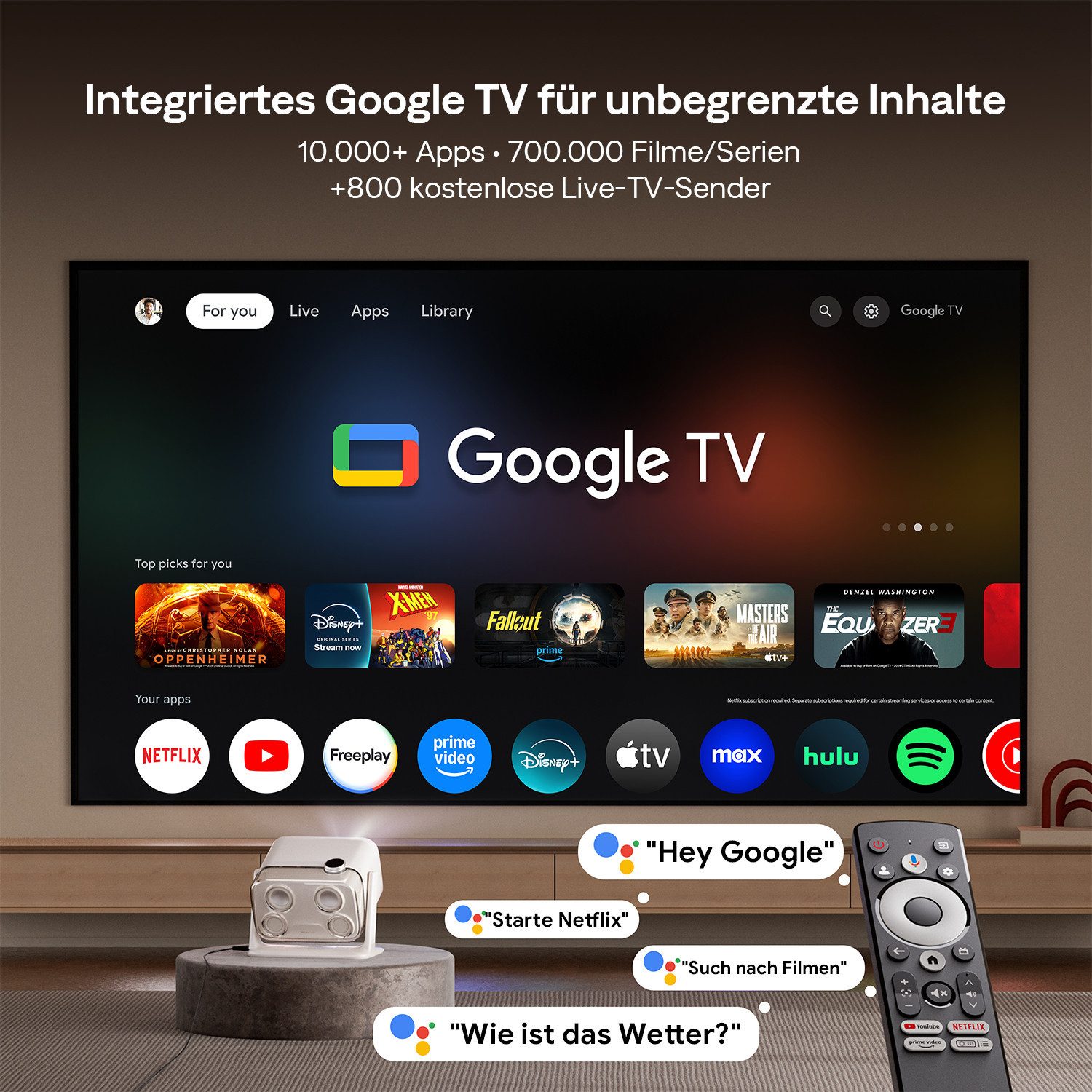 Aurzen BOOM Mini Smart Projektor mit Google TV, 4K Unterstützt Beamer (1000:1, Native 1920x1080 px, 500 ANSI lm, 20W Dolby Audio, Echtzeit-Autofokus und Trapezkorrektur) Cremeweiß