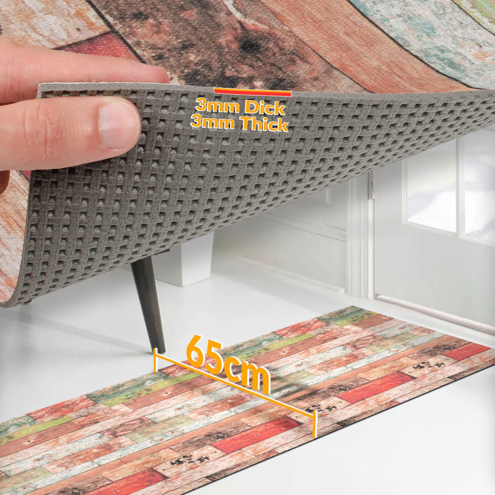 ANRO Küchenläufer RANNA Hochwertig Küchenteppich Teppich Textil, Eckig, Bodenläufer 100x65cm Holz Altparkett Beige pflegeleicht