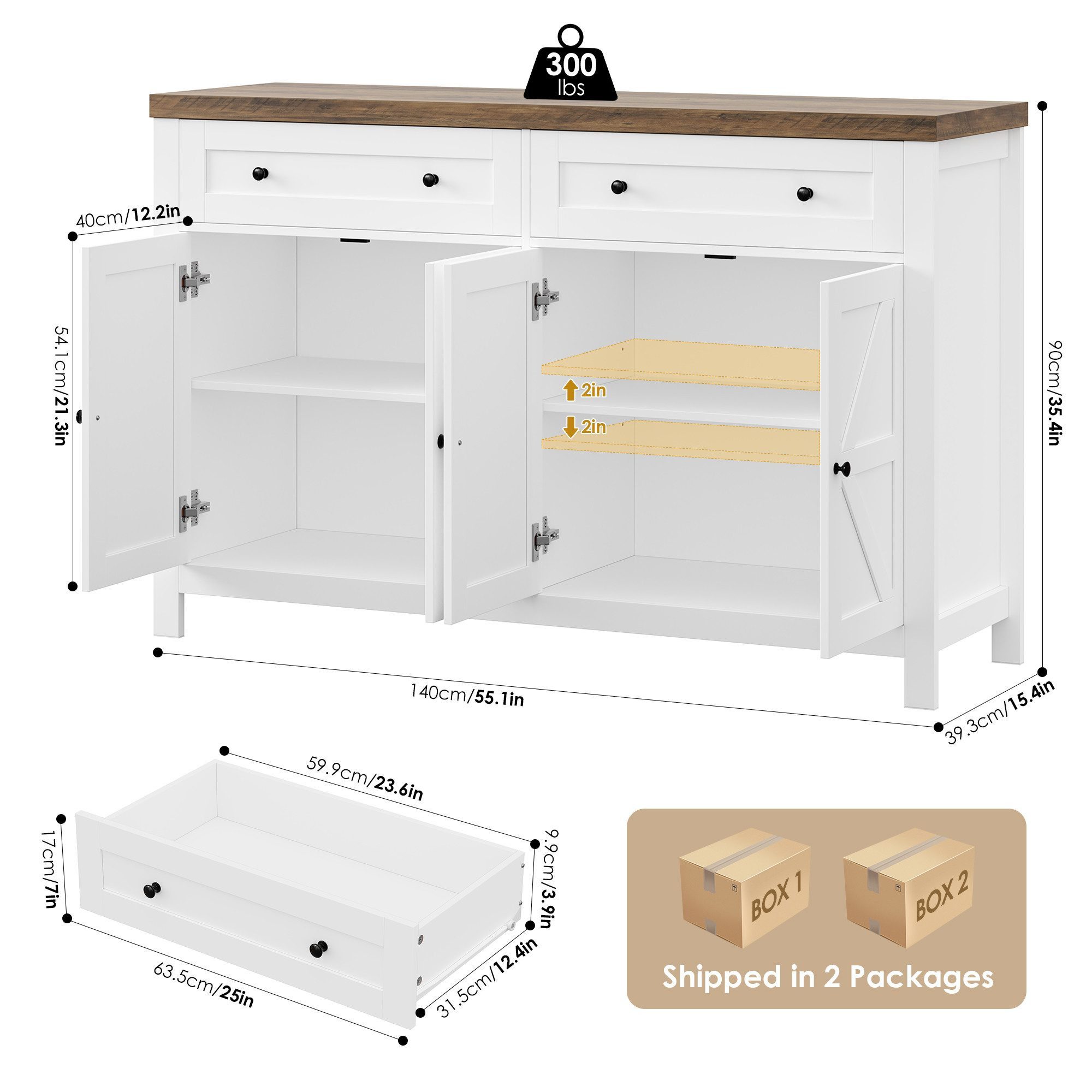HOMECHO Buffet kitchen cabinet with worktop, 2 drawers and 4 doors
