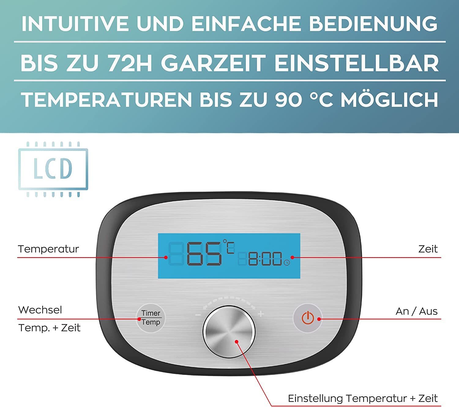 Heinrich´s LCD-DISPLAY, Sous-Vide 1°C-Schritten Garer °C HSG 8411, –90 in 45 °C Edelstahl-gebürstet/schwarz