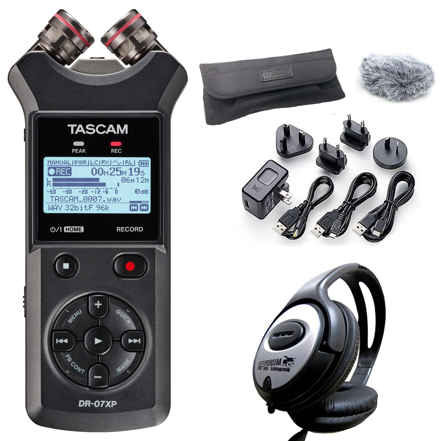 Tascam Audio-Recorder DR-07XP mit DR11GMK und Kopfhörer Digitales Aufnahmegerät