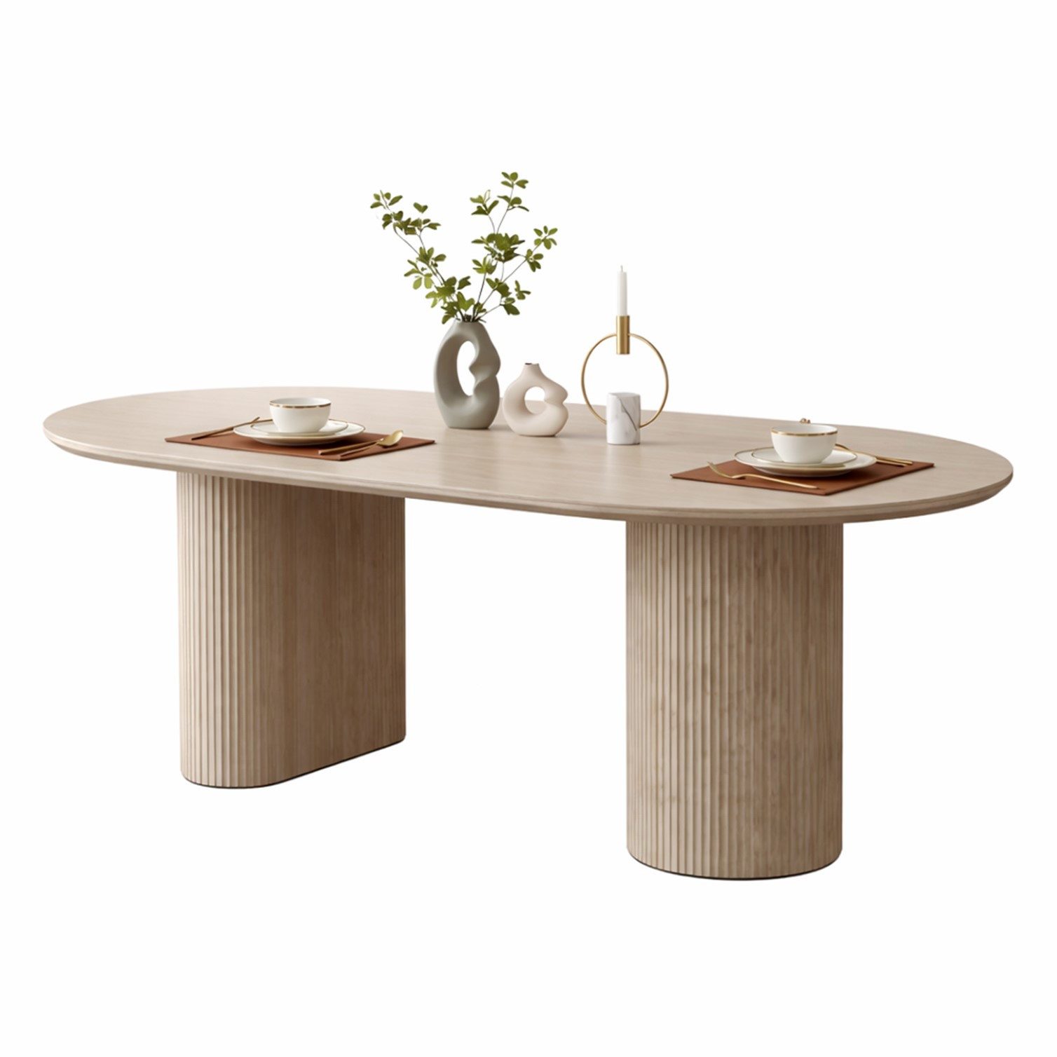 HOOZ Wohnzimmertisch Esstisch oval modern Keramikplatte Traventin-Optik Säule Rund 180x90cm (Set), Keramik-Tischplatte, verschiedene Varianten, pflegeleicht & stabil