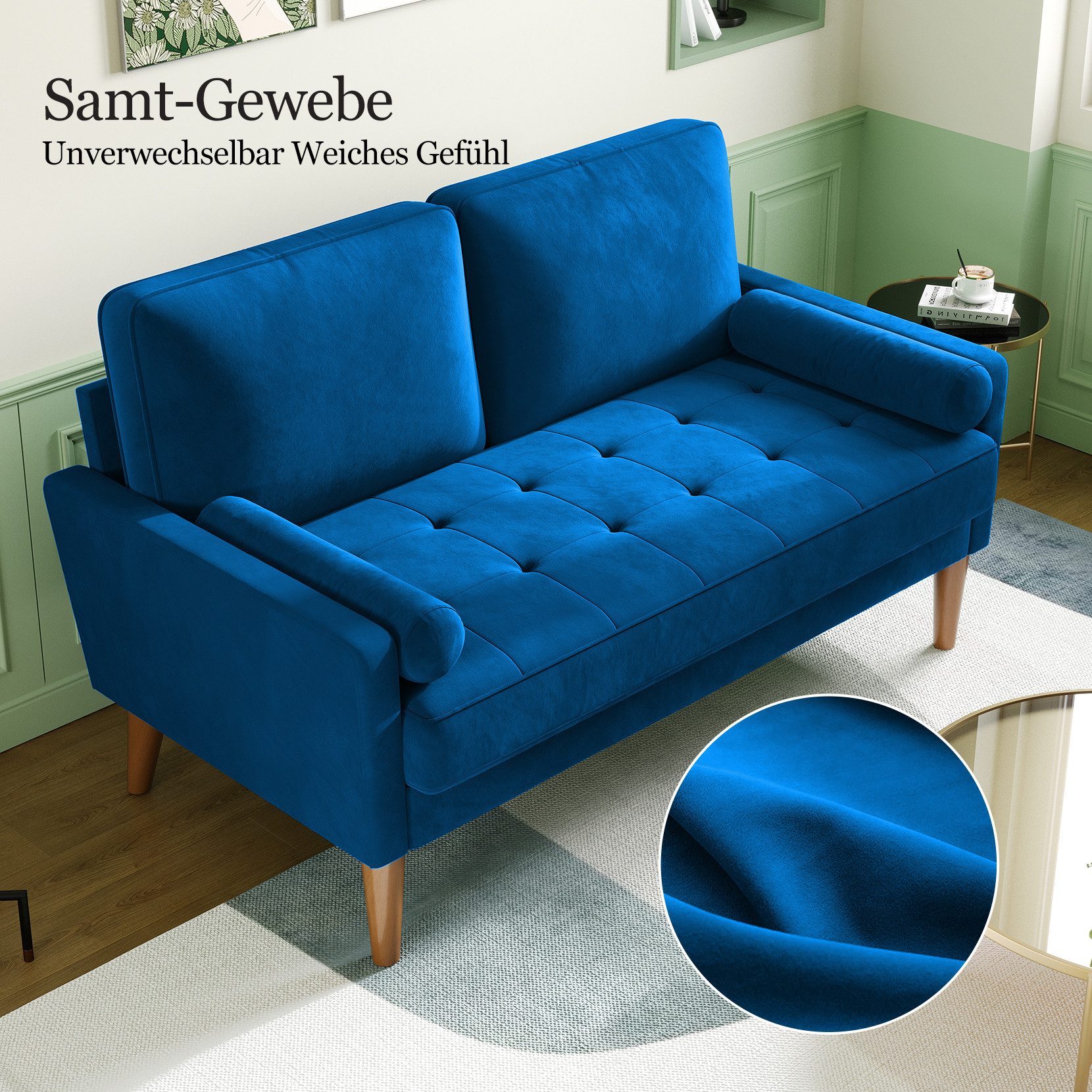 OUNUO Sofa 121cm Kleines Loveseat Sofa Couch aus Samt und Leinen mit 2 Zierkissen – Bild 5 von 5
