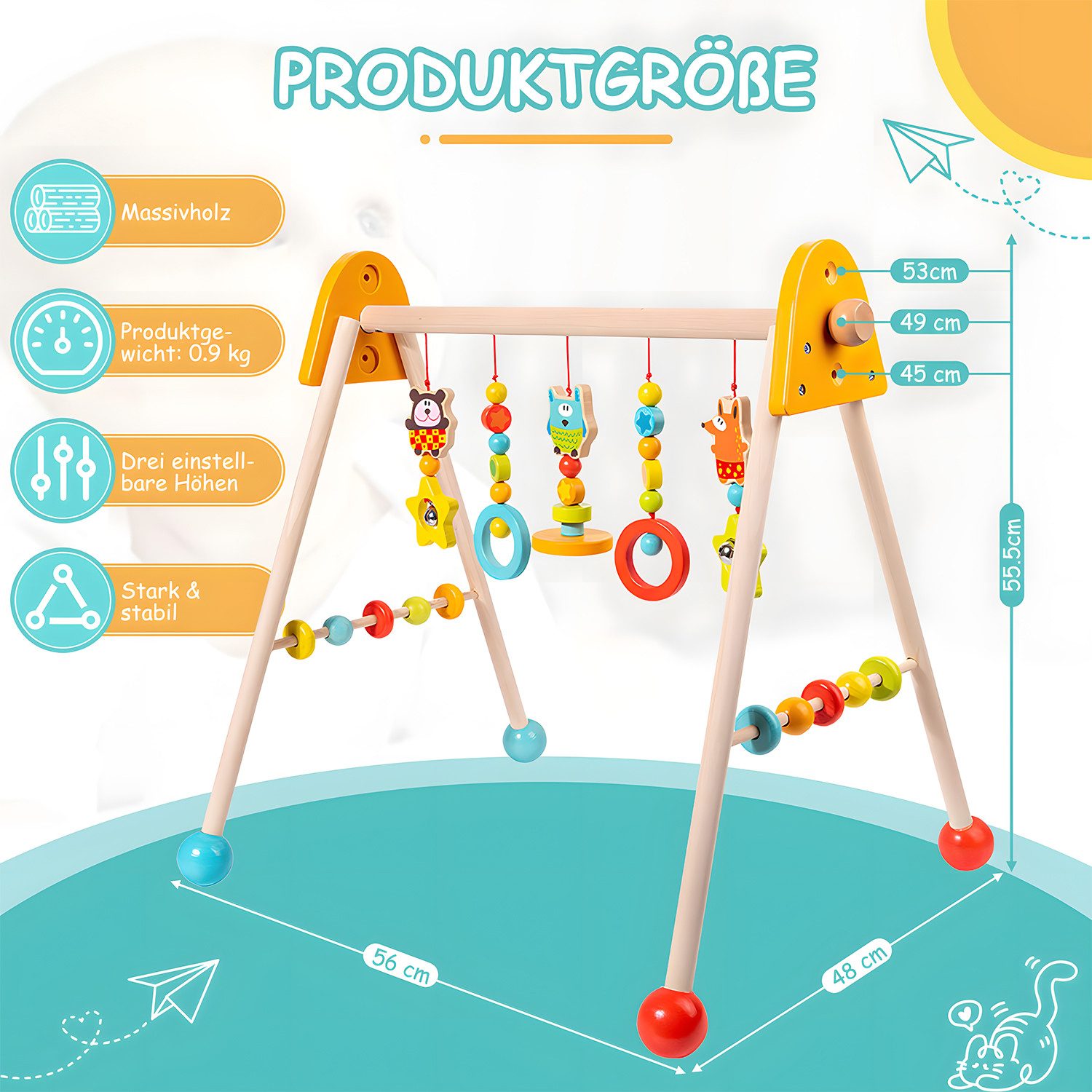 HEYHIPPO Baby Gym Holzspielbogen Babygymnastikrahmen frühkindliche Bildung Spielzeug, (Baby-Spielturnhalle aus Holz 56*48*55.5CM), Air Grab Ring Activity Stand, geeignet für Babys ab 36 Monaten