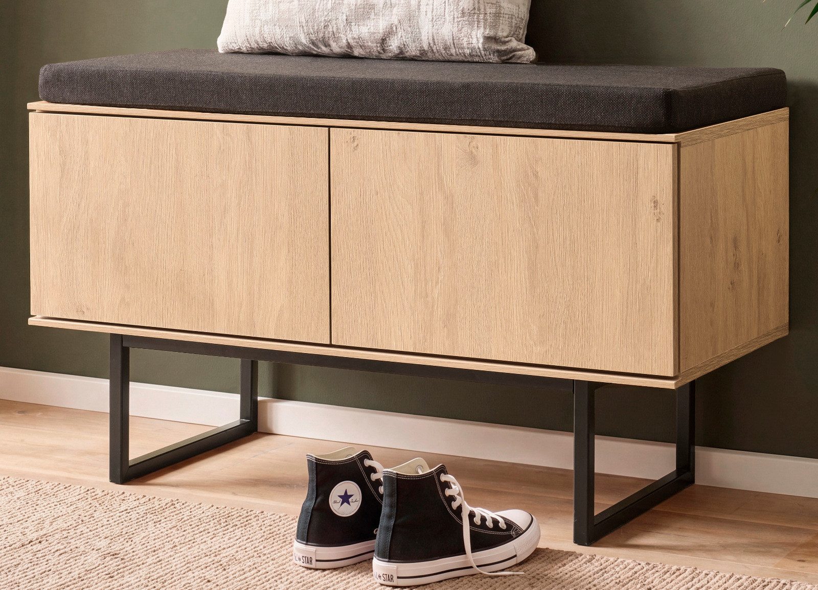 Furn.Design Schuhbank Breda (Garderobenbank in Stone Eiche, 2 Klappen, 90 x 49 cm), Gasdruckdämpfer und Push-To-Open