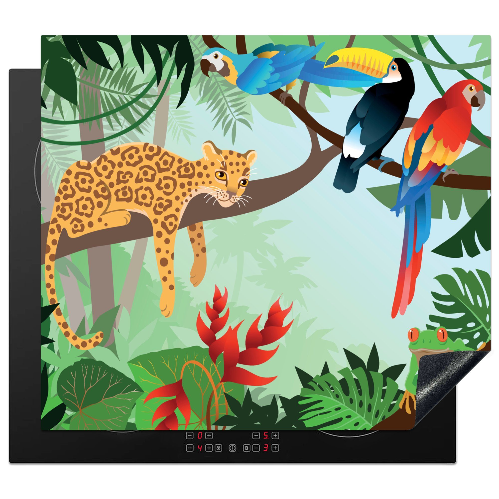 MuchoWow Herdblende-/Abdeckplatte Dschungeltiere - Tukan - Jungen - Mädchen - Leopard, Vinyl, (1 tlg), 59x52 cm, Ceranfeldabdeckung für die küche, Induktionsmatte