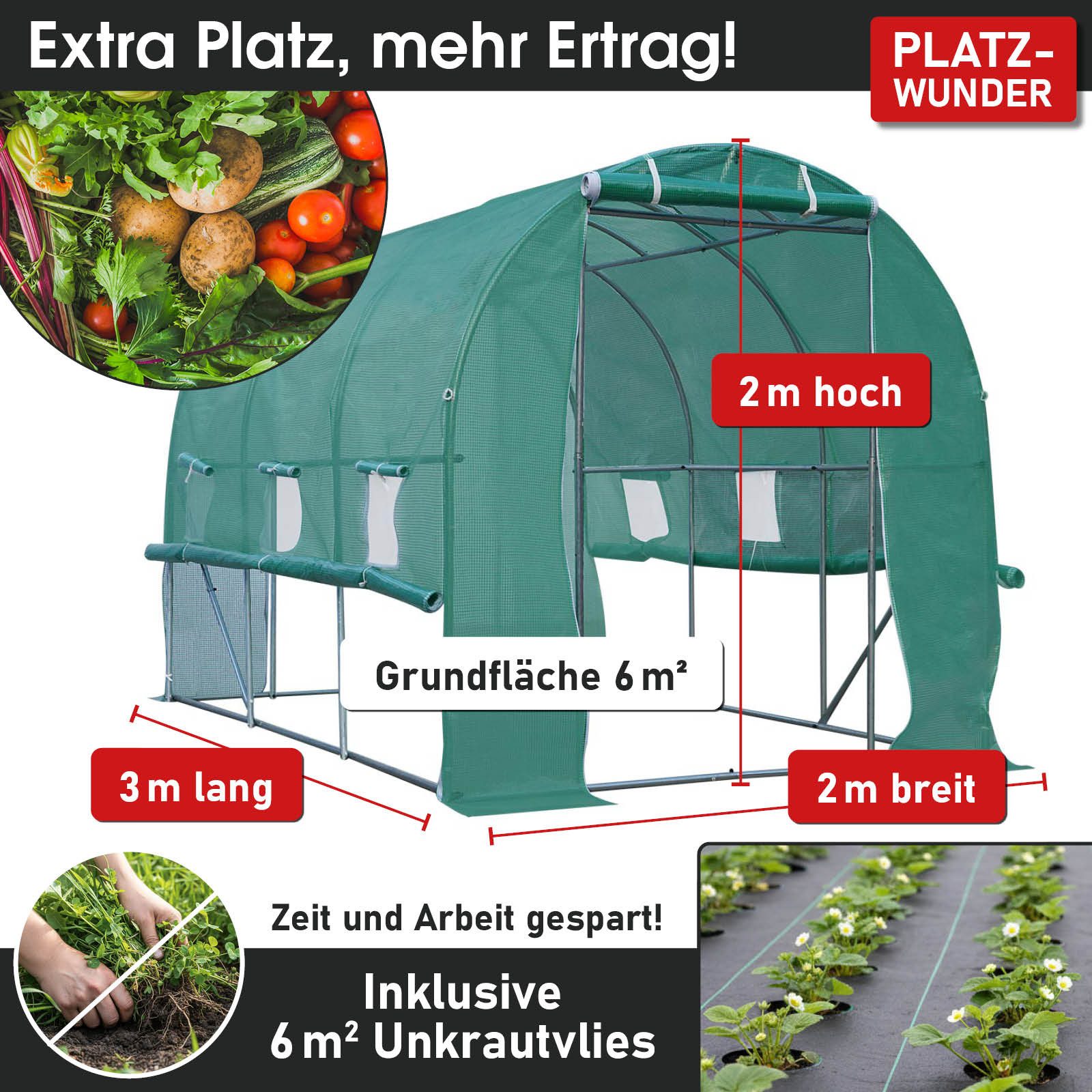 BRAST Foliengewächshaus Gewächshaus inkl. Stahlfundament Erdanker & Unkrautvlies, 4 Größen, BxTxH: 200 x 300 x 200 cm, 6 Fenster inkl. aufrollbare Seitenwände mit Moskitonetz, UV-stabilisierte Gitterschutzfolie 200g/m², Top Marke Garten mit 5 Sternen ausgezeichnet