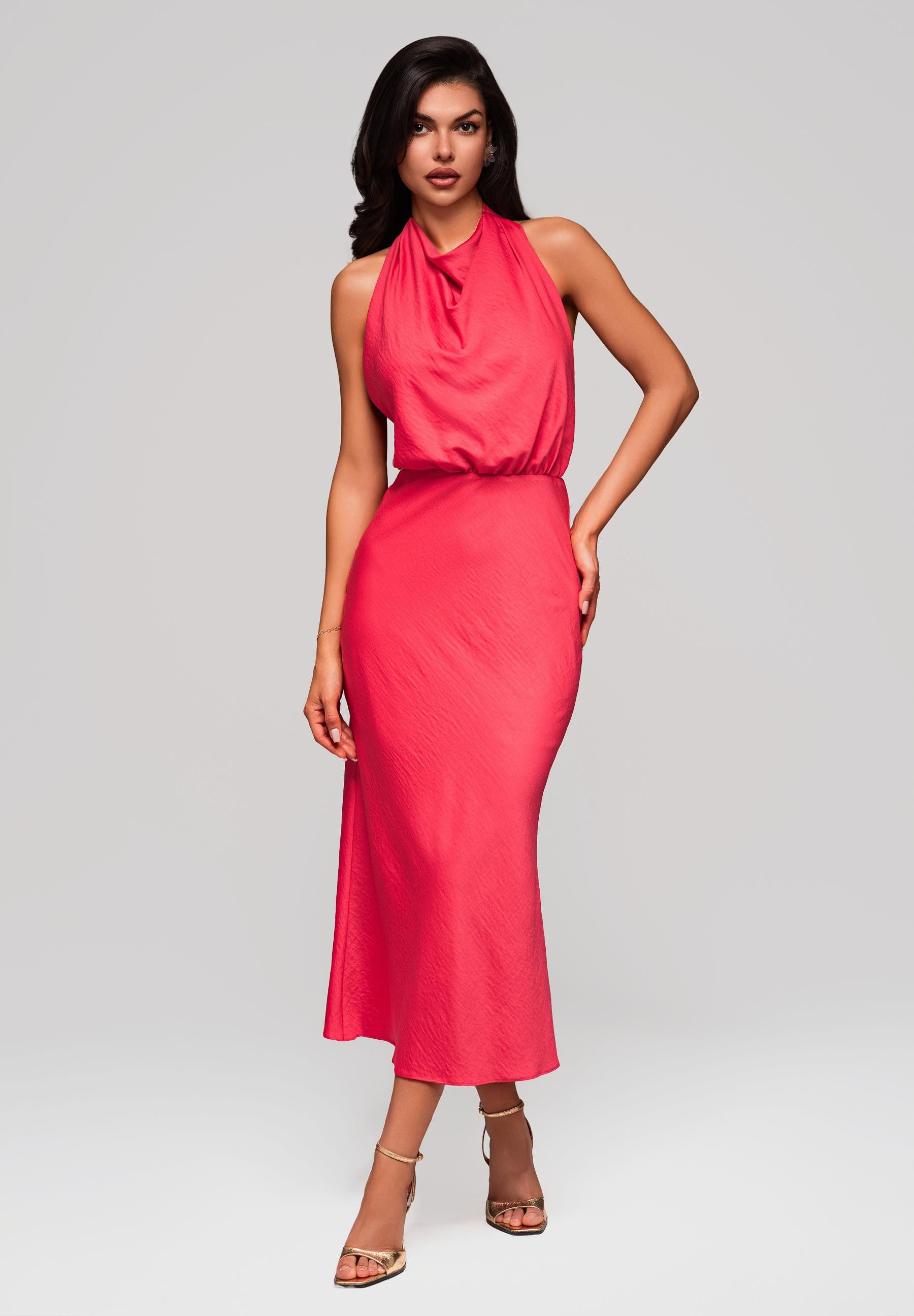 Abendkleid Midi-Halterkleid mit Wasserfall-Ausschnitt