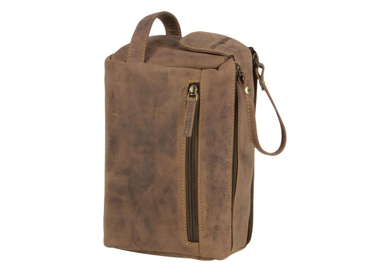 Greenburry Kulturbeutel "Vintage" Leder 23x15cm, Kosmetikbeutel, Waschtasche, für Damen und Herren, braun