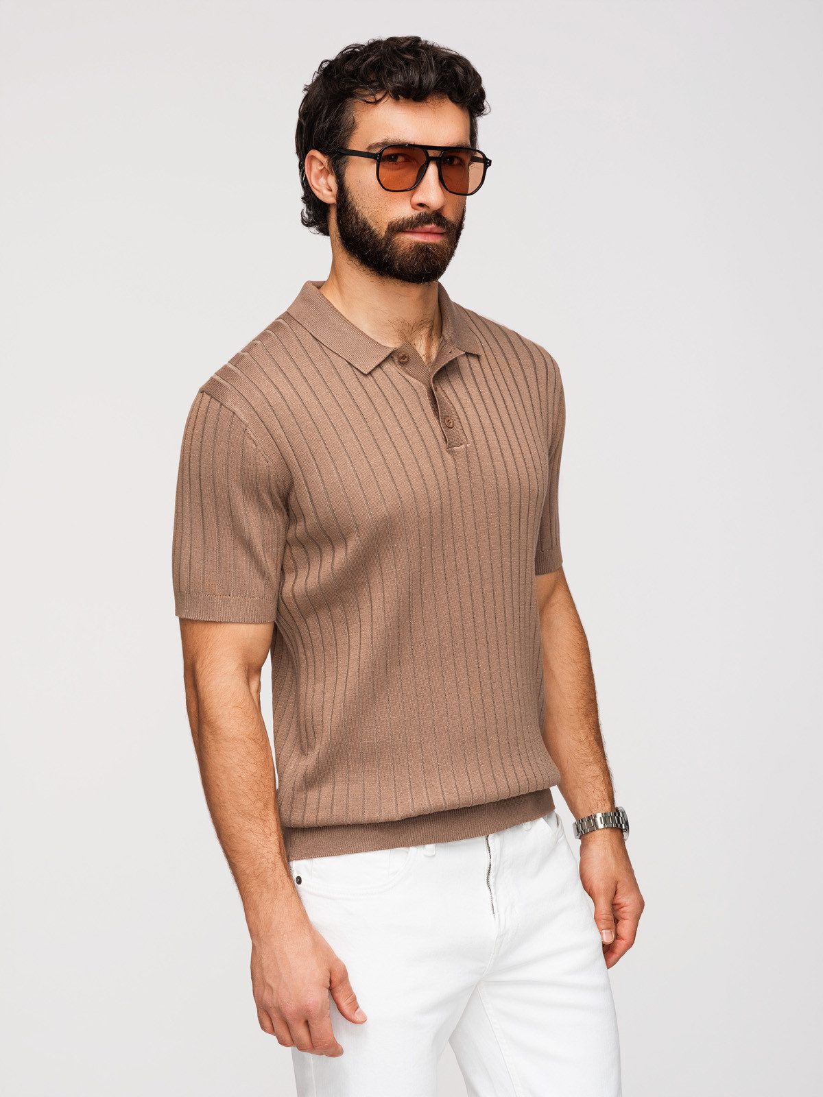 Poloshirt Herren Slim-Fit Polo-Shirt mit Rippstruktur Coffee XXL