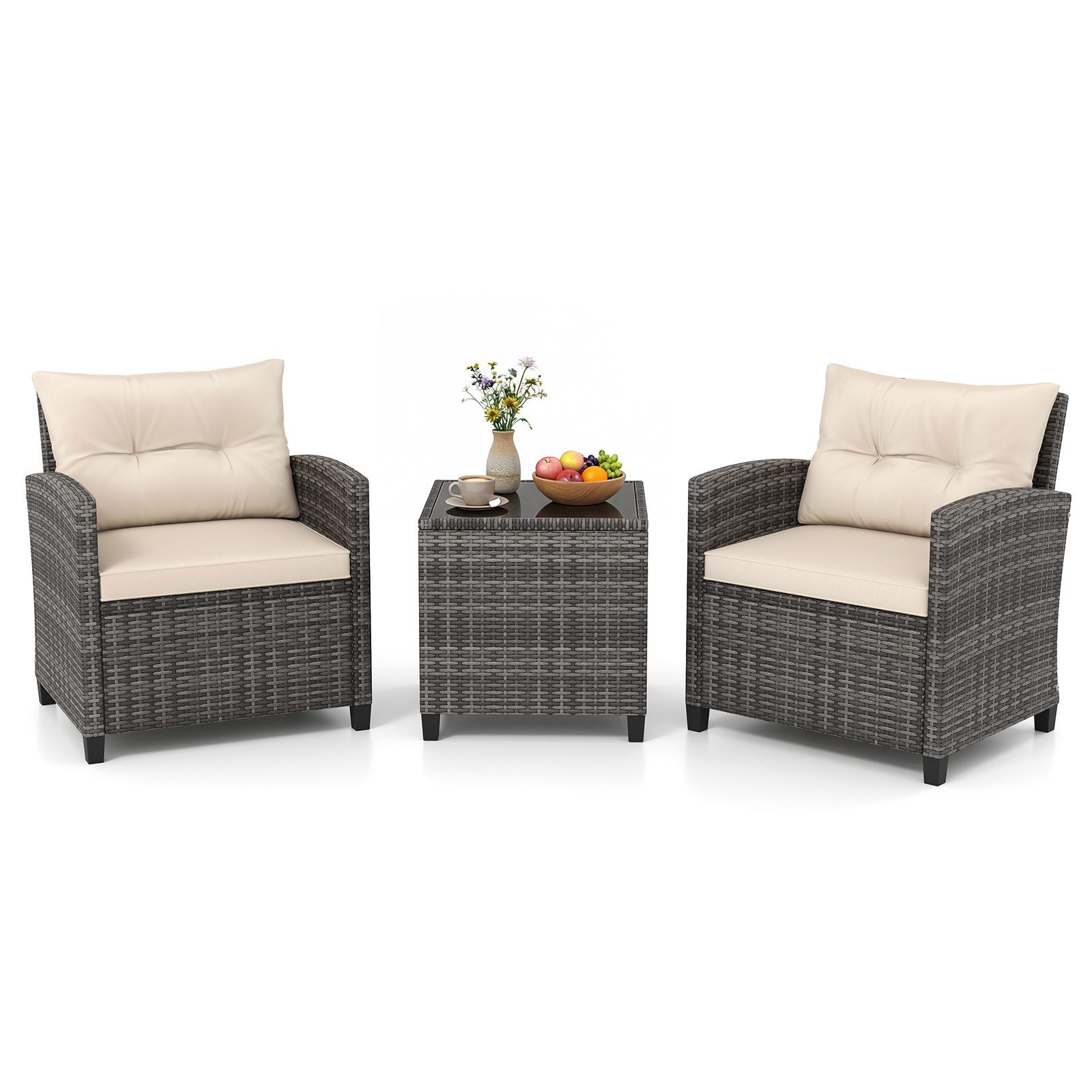 KOMFOTTEU Balkonset, Sitzgruppe aus PE-Rattan, Sofas & Couchtisch aus gehärtetem Glas
