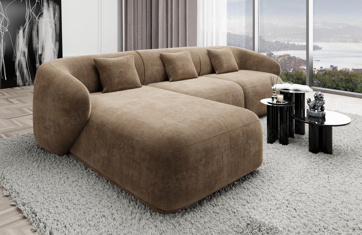 Sofa Dreams Ecksofa Design Couch Polster Samtstoff Sofa Marbella L Form kurz Stoffsofa, Loungesofa mit mane hellbraun09