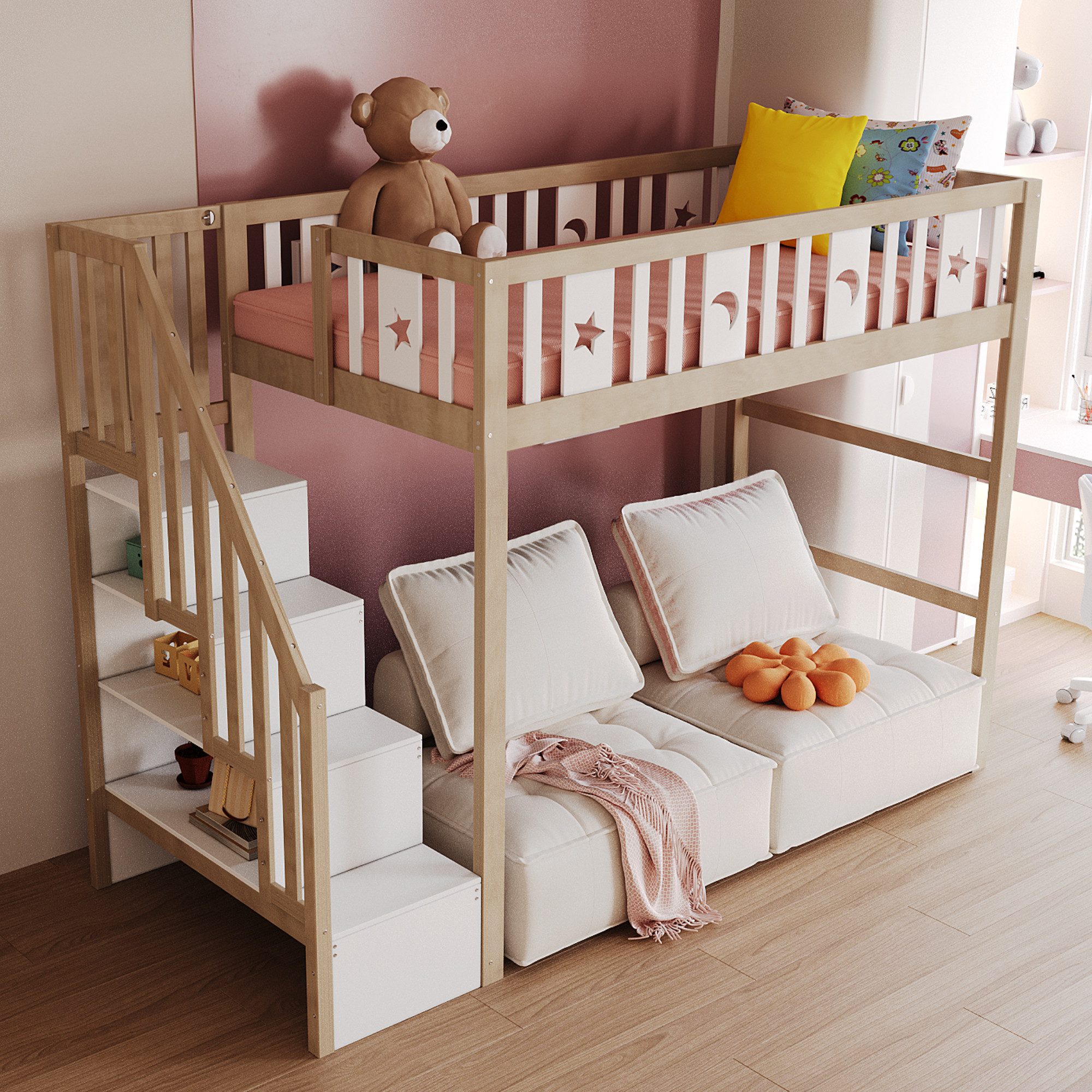 STILVORA Hochbett 90×200 mit Matratze&Treppe,Hochbett aus Holz mit Geländer,Holzfarbe mit Matratze