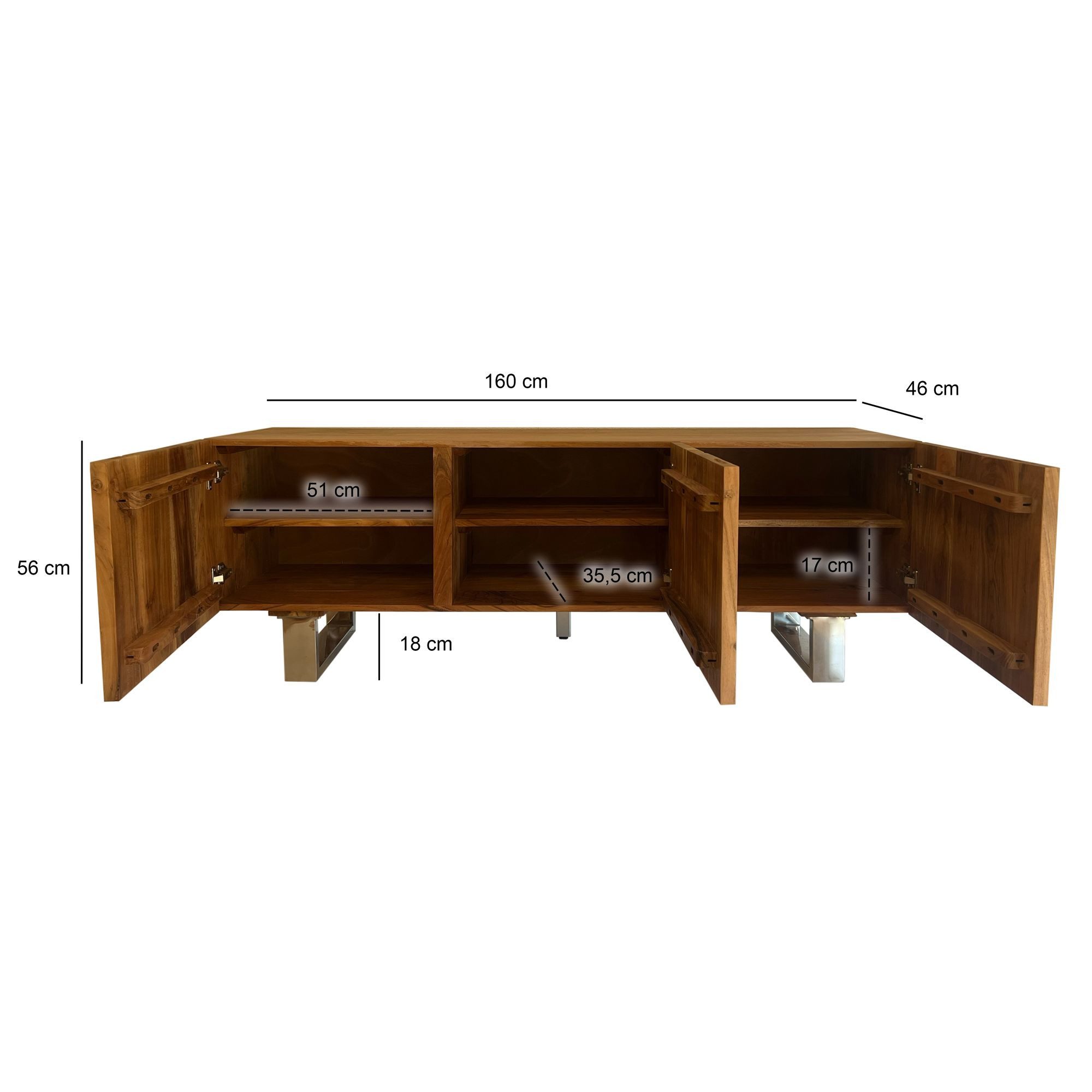 FINEBUY Lowboard FB110095 TV Schrank 160 cm Holz Massiv Fernsehkommode Fernsehschrank (drei Türen, 160x56x46 cm, Akazie Massivholz)