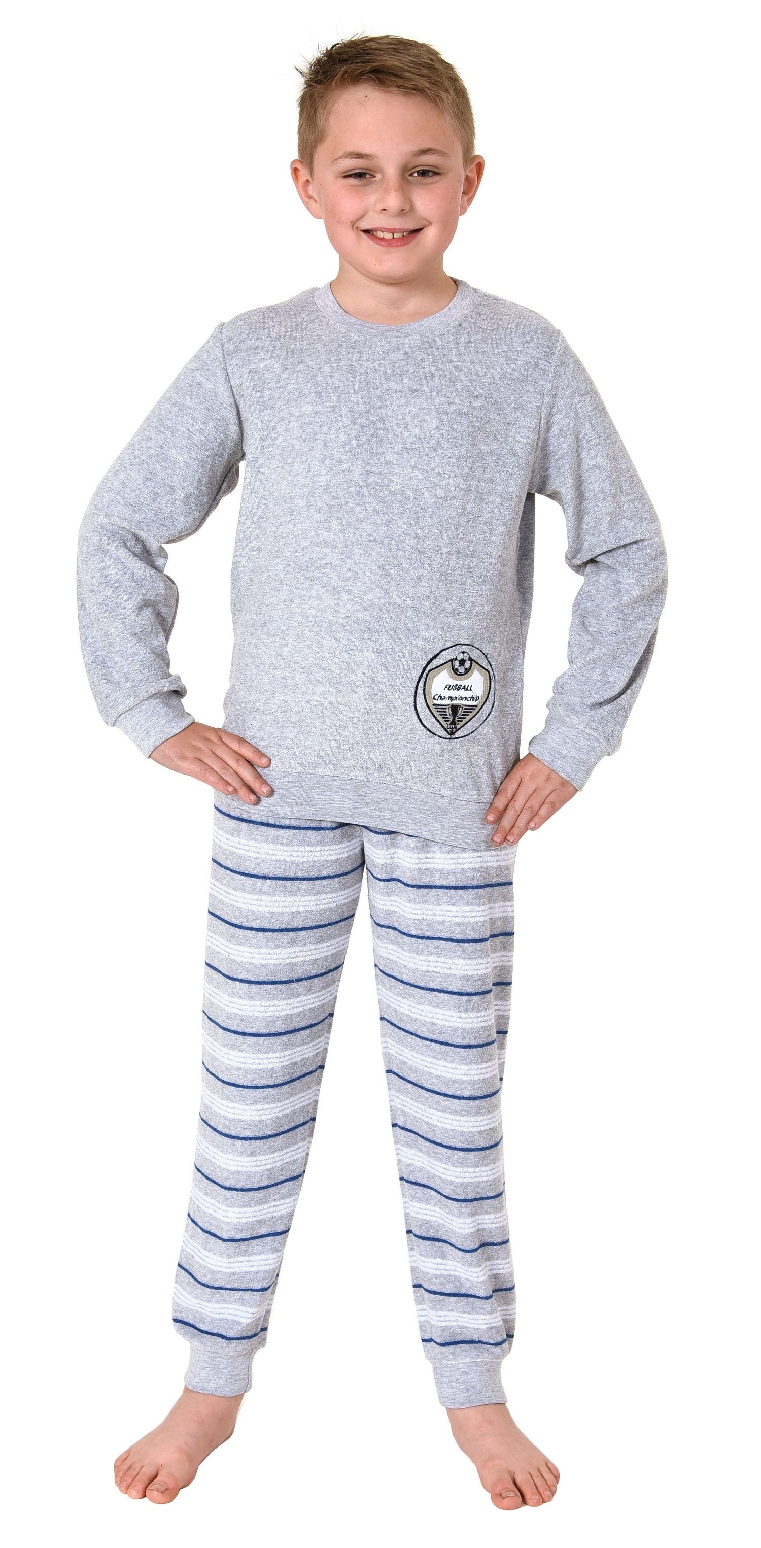 Normann Pyjama Jungen Frottee langarm Schlafanzug mit Bündchen und Fussball-Motiv grau