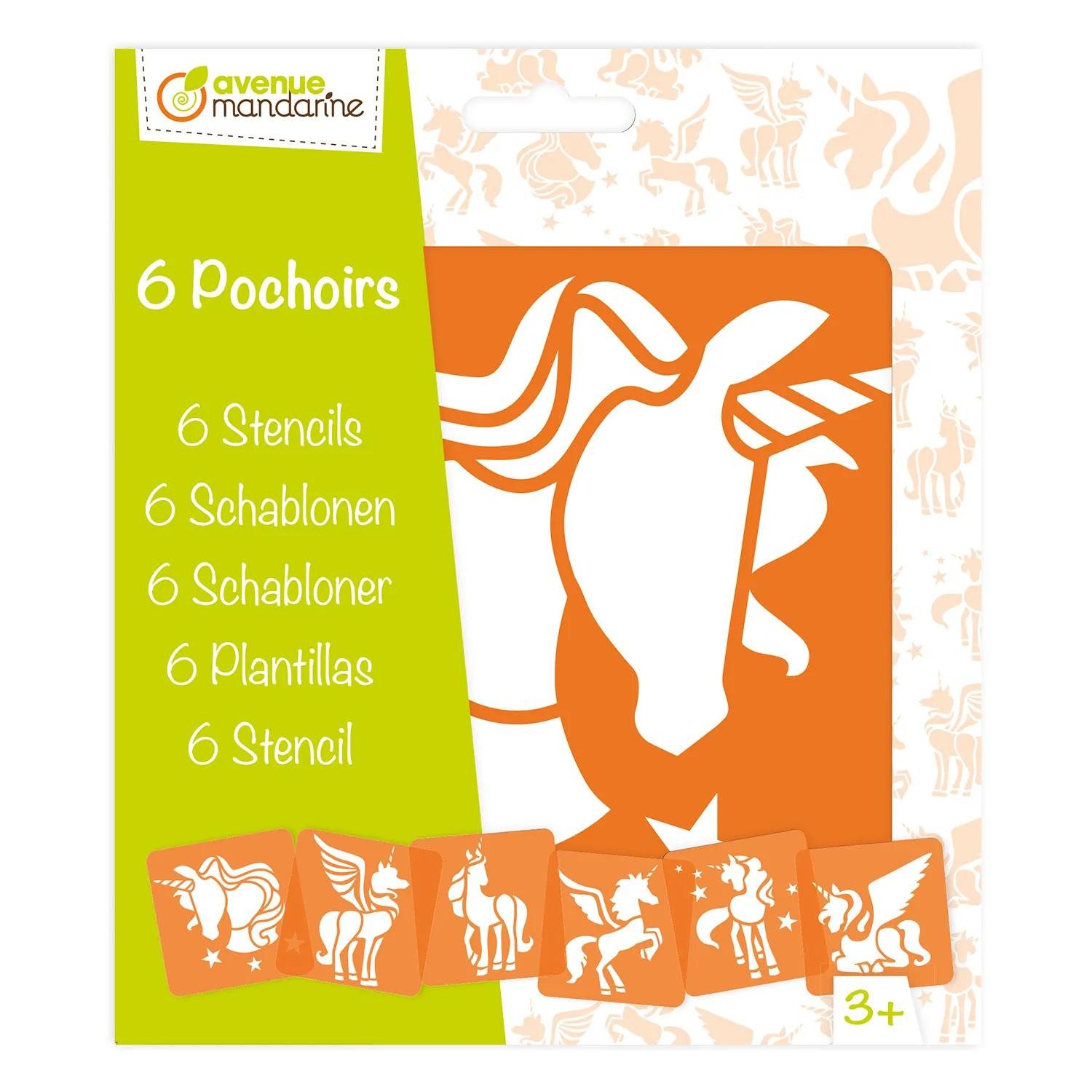 Avenue Mandarine Malschablone 3x 6-teiliges Schablonenset für Kinder, Einhörner Orange PO006C, My Mandarine