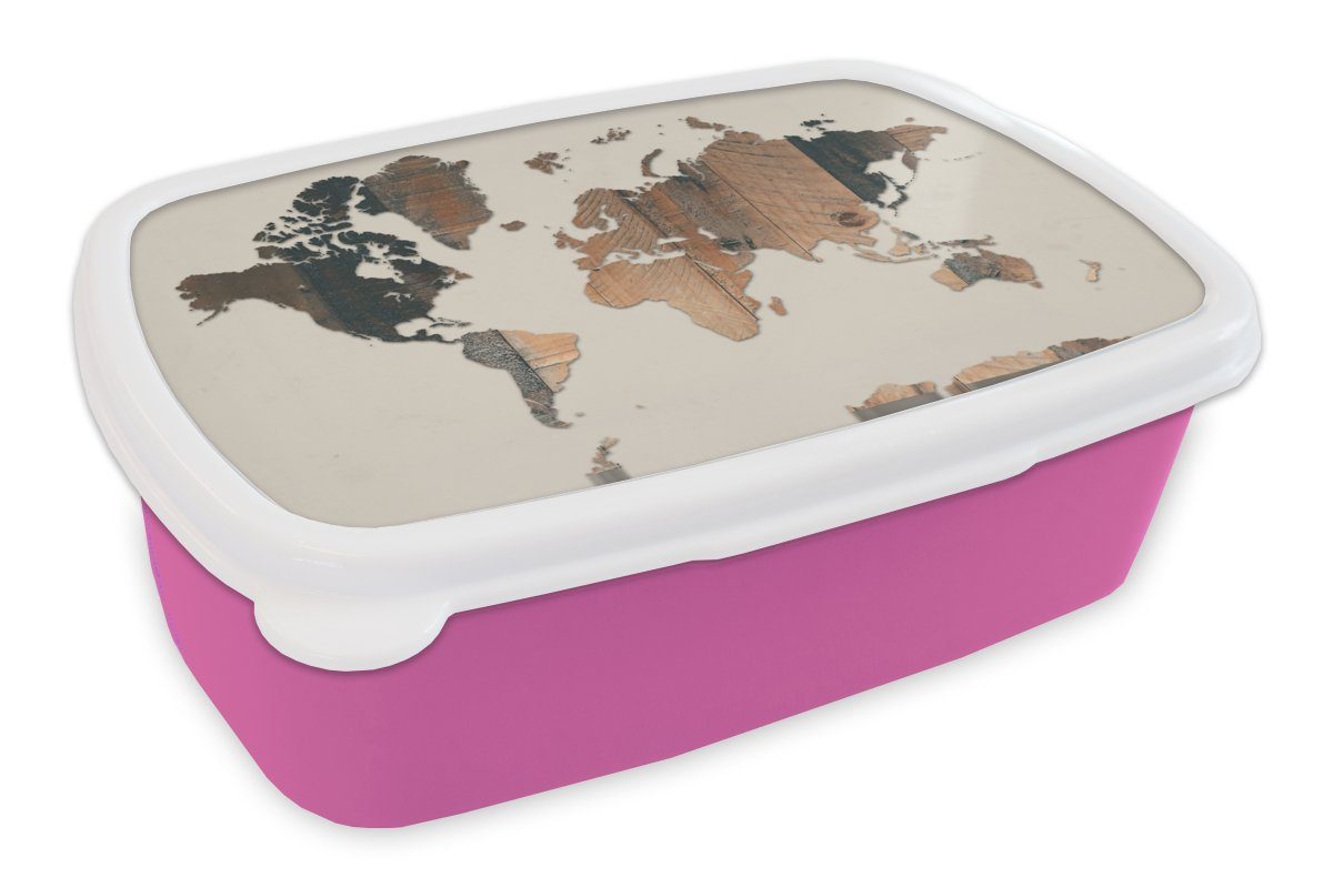 MuchoWow Lunchbox Weltkarte - Holz - Beige, Kunststoff, (2-tlg), Brotbox für Erwachsene, Brotdose Kinder, Snackbox, Mädchen, Kunststoff rosa