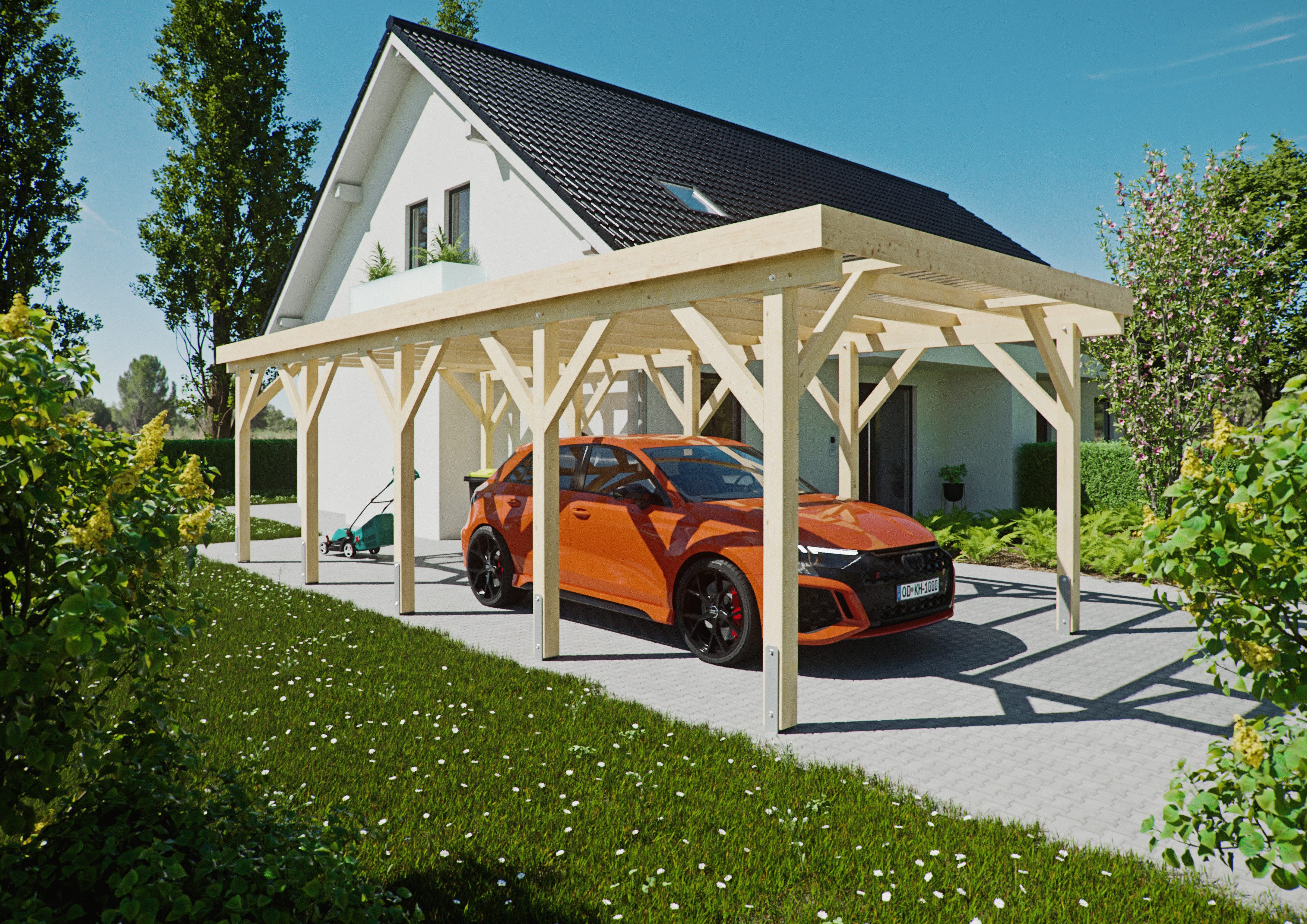 KONIFERA Einzelcarport Saturn III, BxT: 344x850 cm, 222 cm Einfahrtshöhe, Bausatz, Leimholz naturbelassen, PET-Flachdach lichtdurchlässig