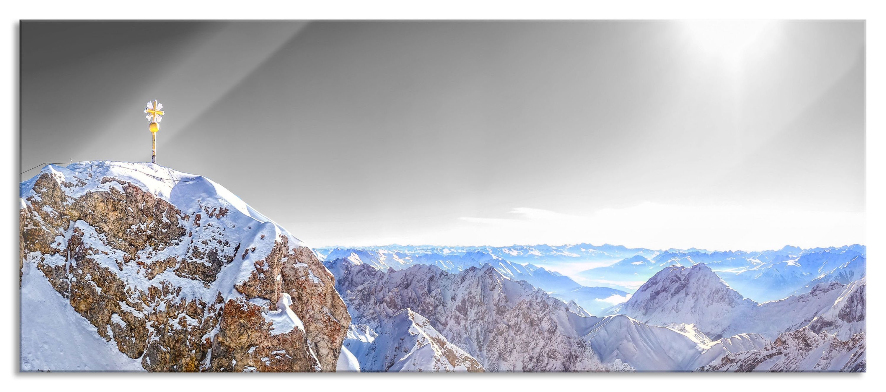 Pixxprint Glasbild Zugspitze im Sonnenlicht, Zugspitze im Sonnenlicht (1 St), Glasbild aus Echtglas, inkl. Aufhängungen und Abstandshalter