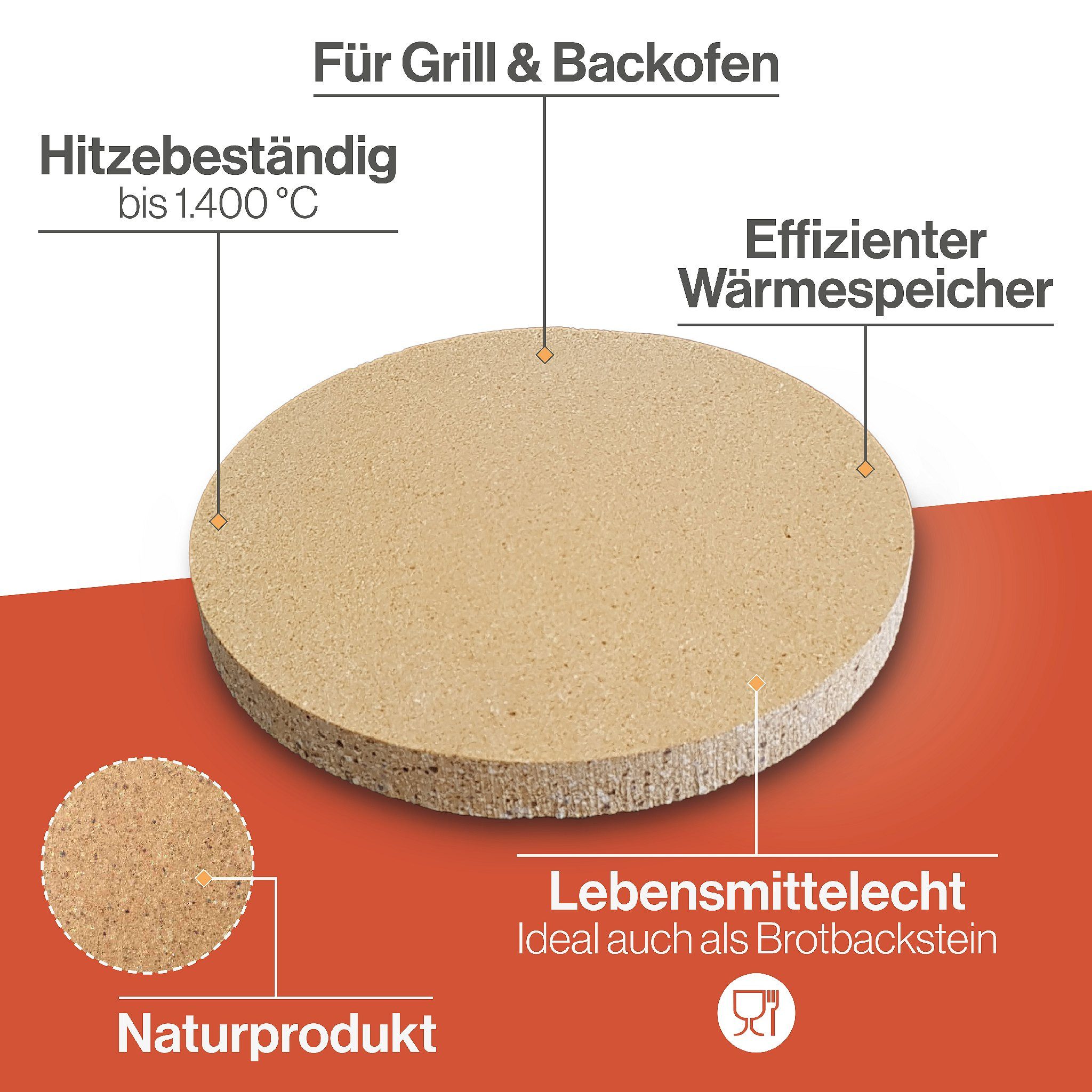 Feuerfest 123 GmbH Pizzastein Pizzastein rund Ø 31 x 3 cm Schamotte, (Pizza wie vom Italiener für zu Hause), Pizza Stein Lebensmittelecht Schamottstein