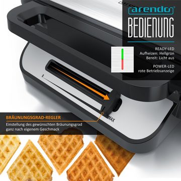 Arendo Waffeleisen, 1200 W, Waffelautomat – 2 Waffeln à 14 cm- Antihaftbeschichtung – Herzwaffeln