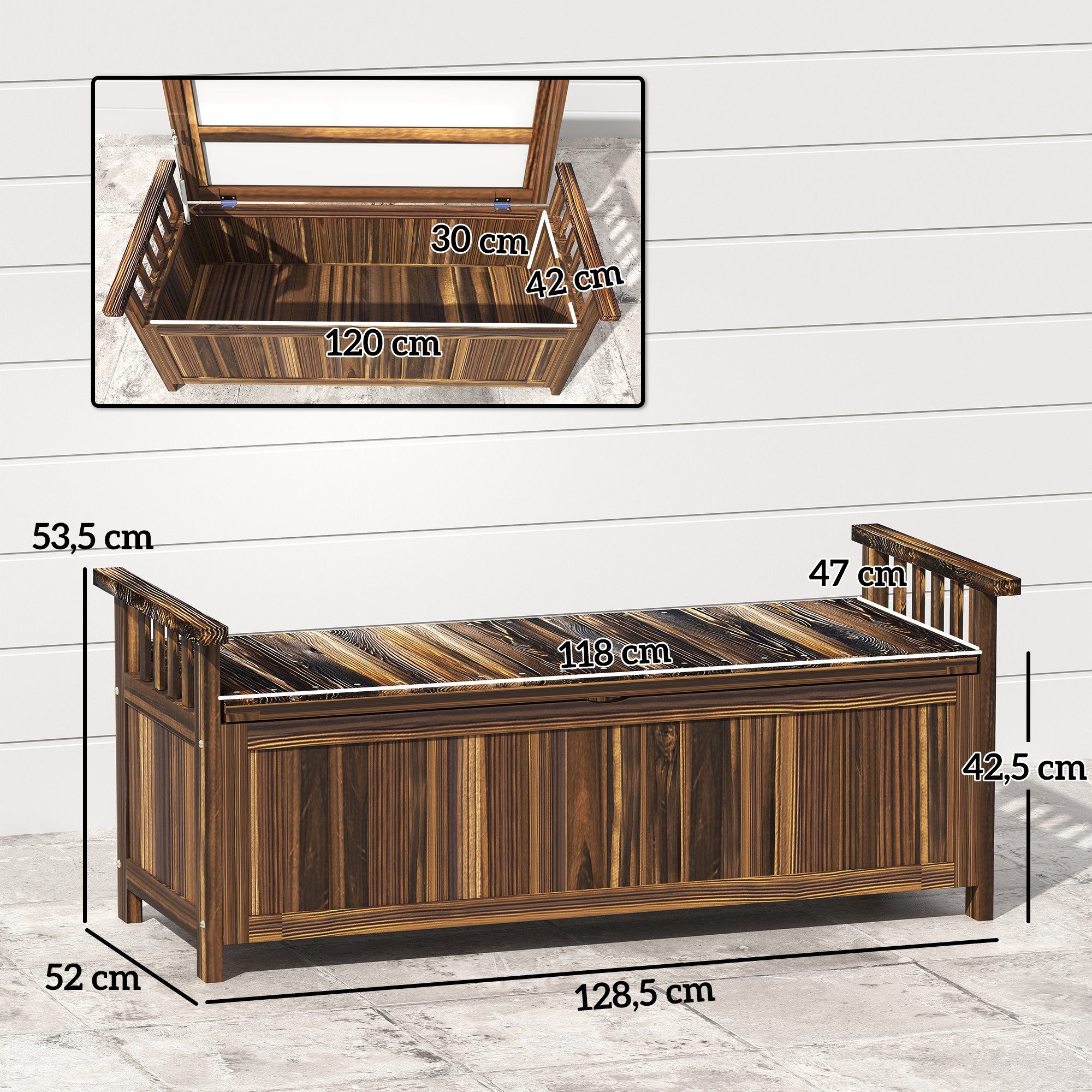 Outsunny Bank Truhenbank mit Armlehne, Parkbank, 240kg belastbar (Gartenbank aus Holz, 1-St., 2-Sitzer Holzbank), für Balkon Terrasse, Garten, 128,5 x 52 x 53,5 – Bild 3 von 5