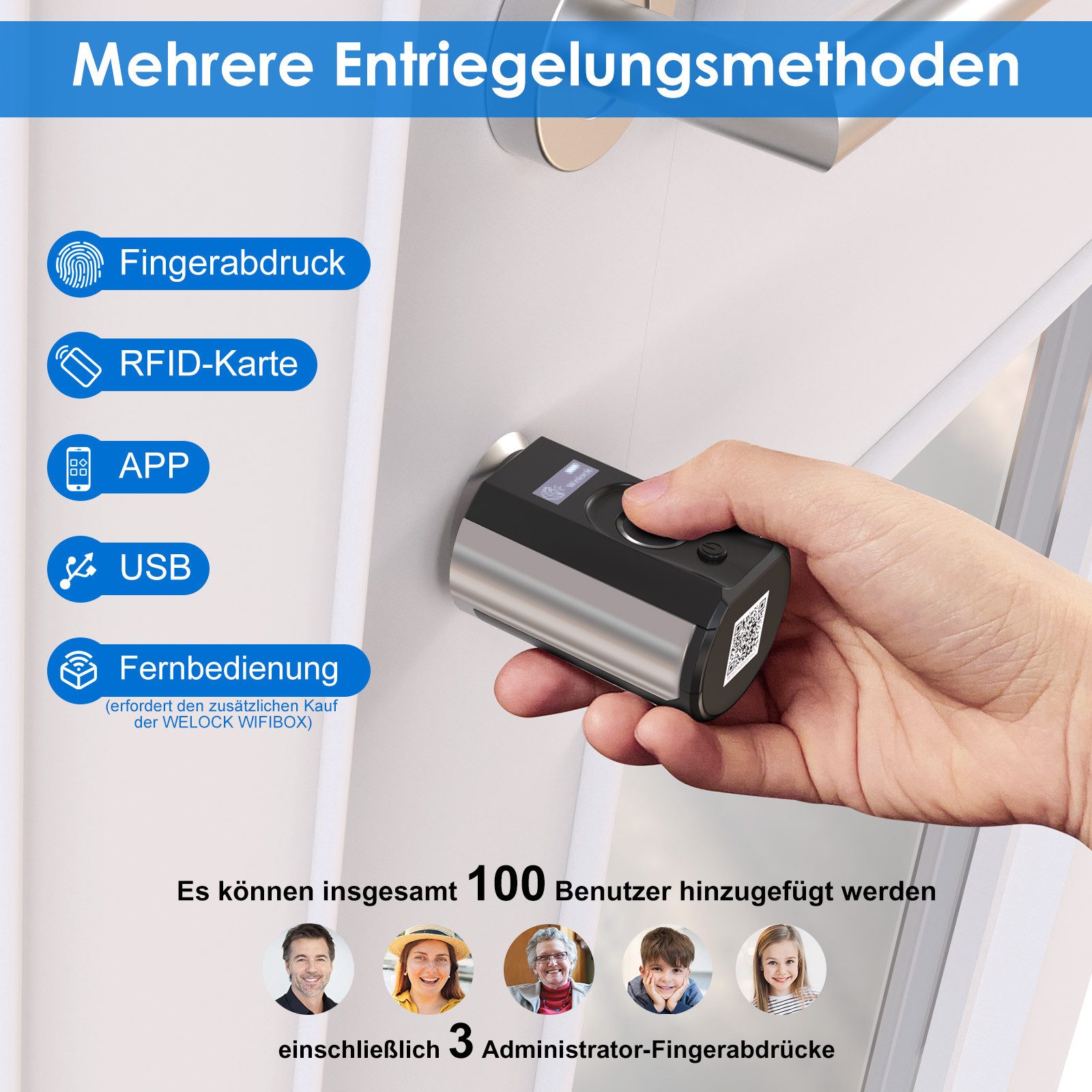 WE.LOCK Türschloss-Funksteuerung WELOCK Türschloss Fingerabdruck TOUCHEBL63 für 50-100mm Türen, für Wohnungstüren, Zimmertüren, Bürotüren, Abstellraumtüren, Haustüren (Türen mit Traufe), Packung, Smartes türschloss x1, RFID-Karte x3, Anleitung x1, Zubehörbox x1, Fingerabdruck, RFID-Karte, APP, USB-Entsperrung; einfache Installation