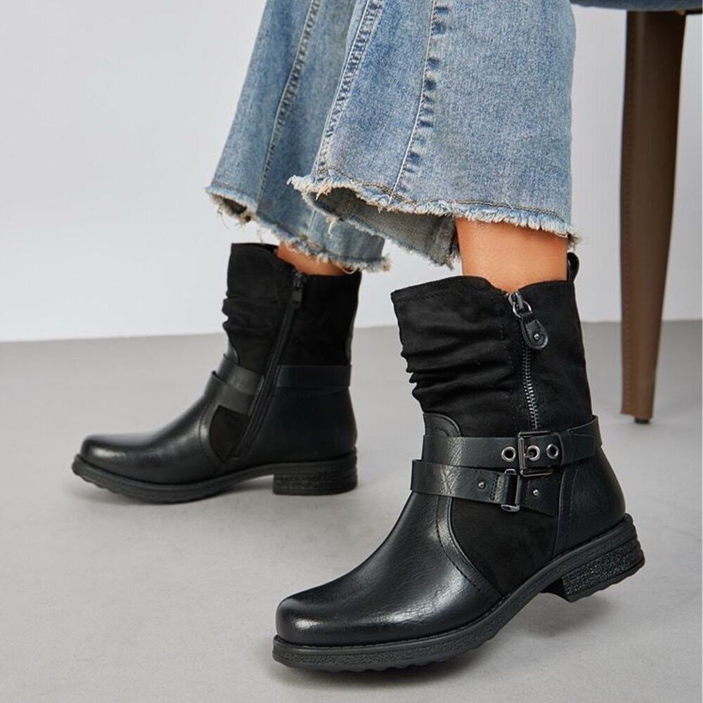 Ital-Design Stylischer Stretch-Stiefel mit Schnalle und Reißverschluss Stiefelette (90109995) Blockabsatz Western- & Bikerboots in Schwarz