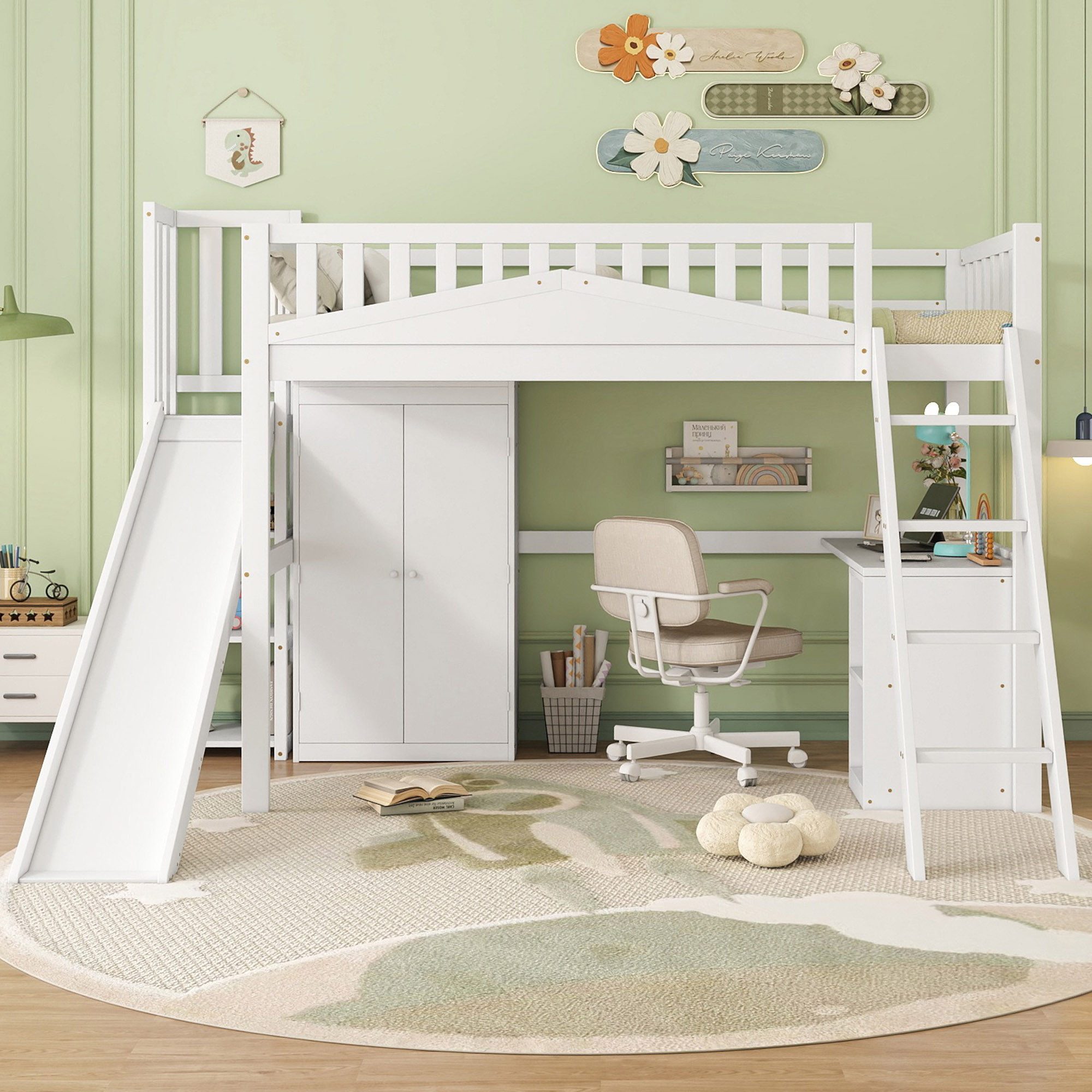 Flieks Hochbett Kinderbett 90x200cm mit Kleiderschrank, Schreibtisch, Leite günstig online kaufen