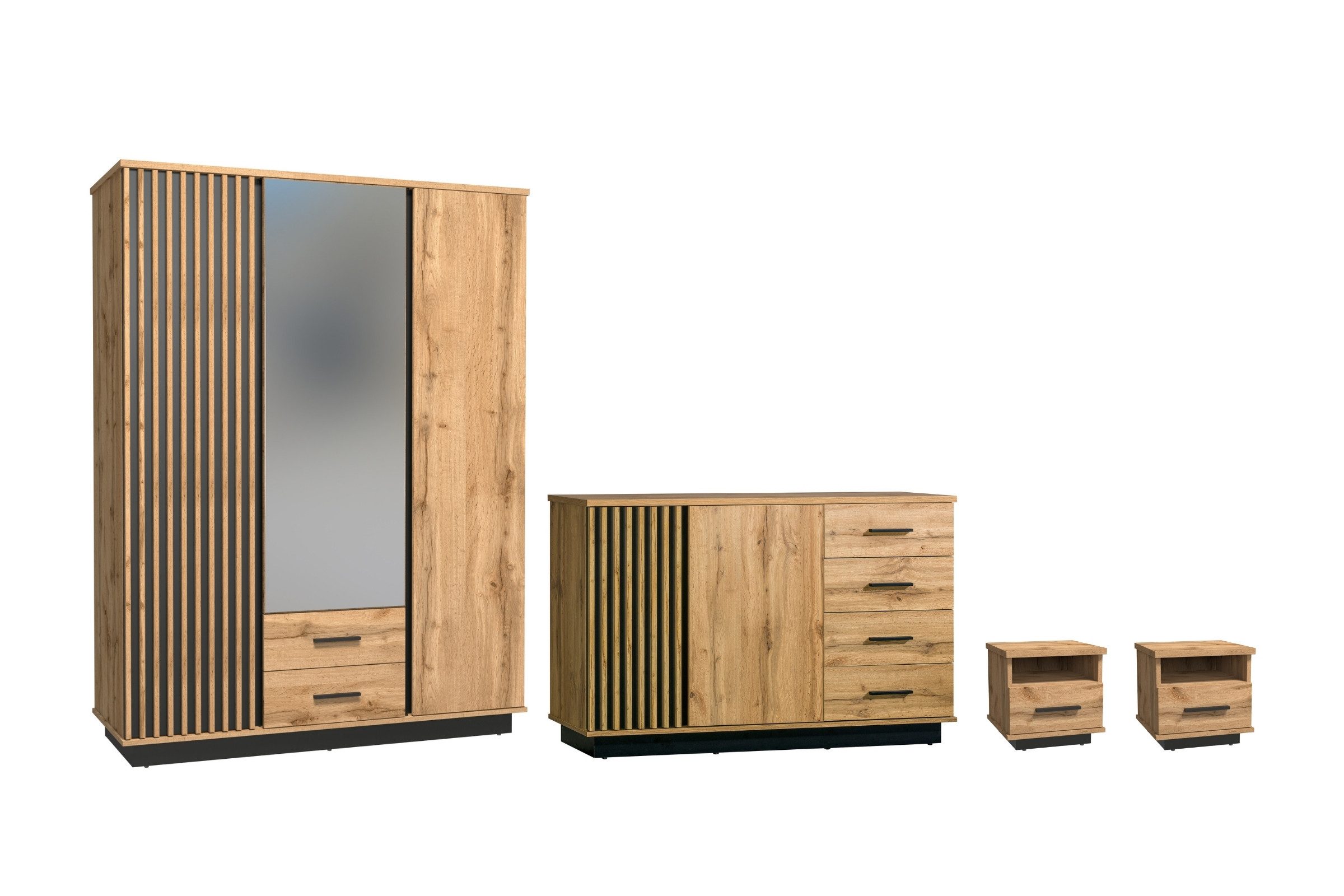Deine Möbel 24 Schlafzimmer-Set LAMI F inkl. Kleiderschrank, Kommode & 2 Nachttische, (Still: Scandi, Industrial, 4-tlg., Viel Stauraum für Kleidung, Deko, Bettwäsche oder Alltagsgegenstände), Modernes Design in Wotan Eiche mit Schwarz Matt & Lamellenoptik