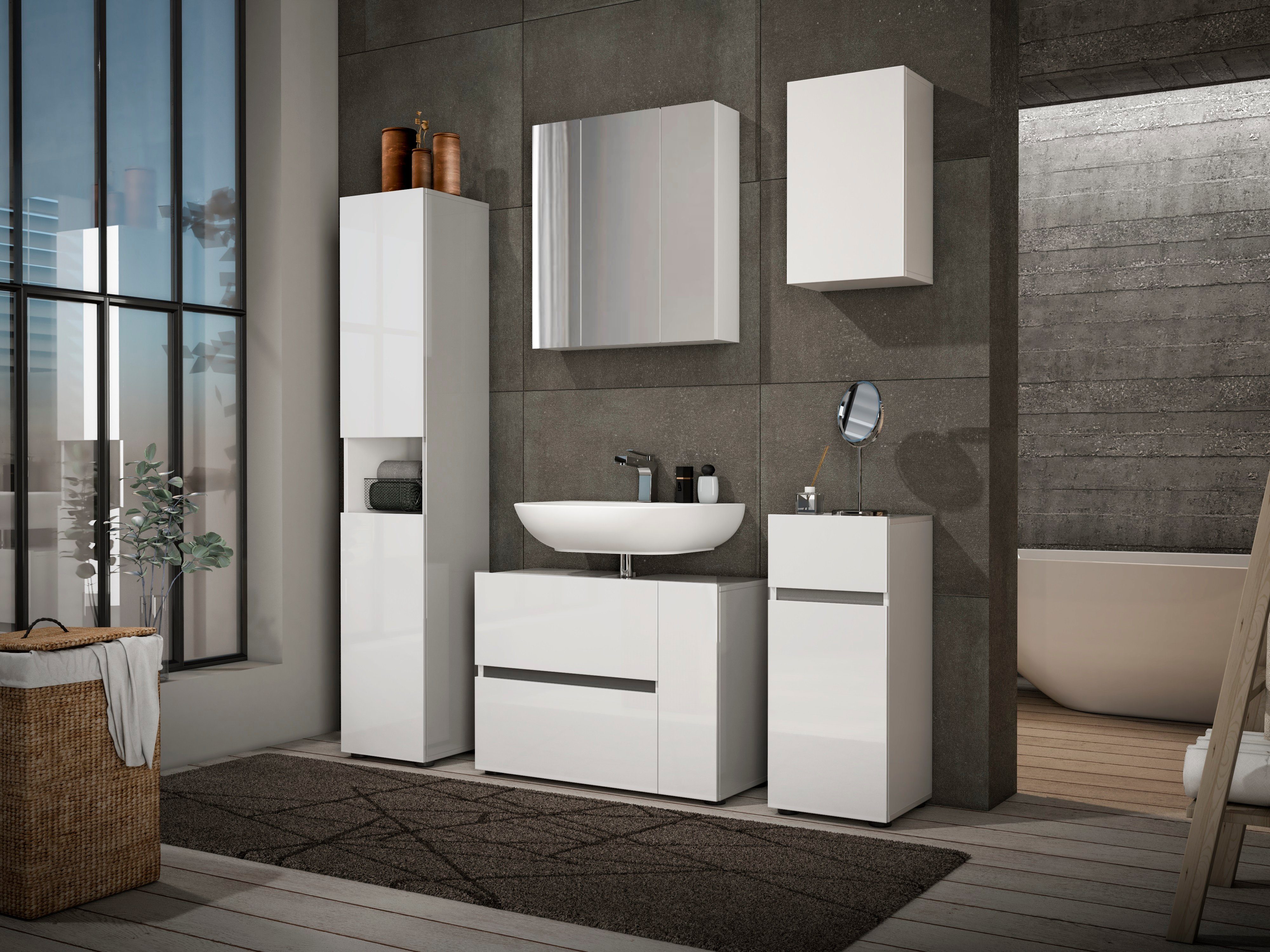 welltime Stauraumschrank MISTER, Bad-Schrank, Breite 34 cm, 1 Tür, 1 Schublade, 2 Fächer Hochglanz lackiert, Soft-Close Funktion, Made in Italy – Bild 5 von 5