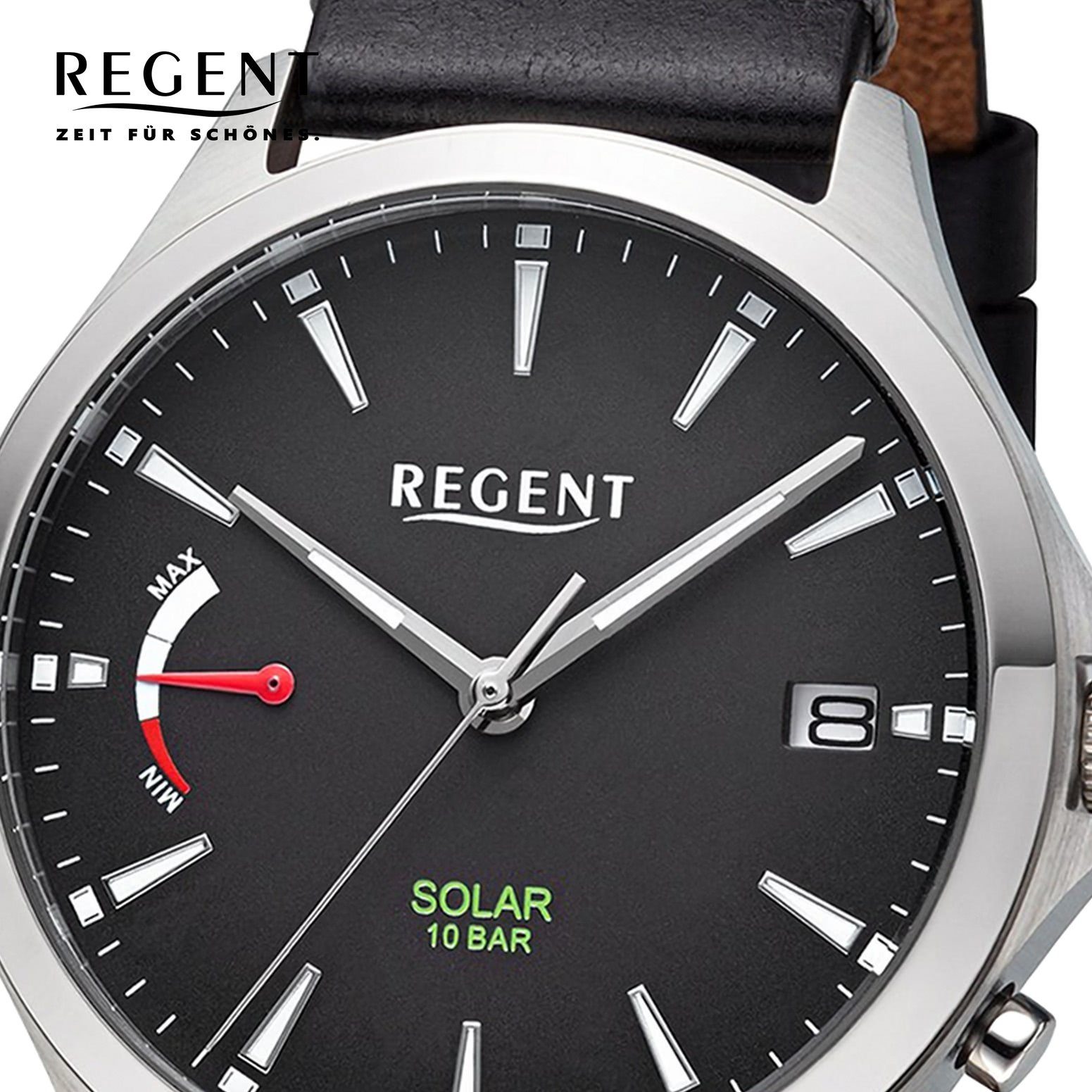 Regent Solaruhr Regent Herren Solaruhr Analog Lederarmband, (Solaruhr), Herren Solaruhr rund, extra groß (ca. 41mm), Lederarmband