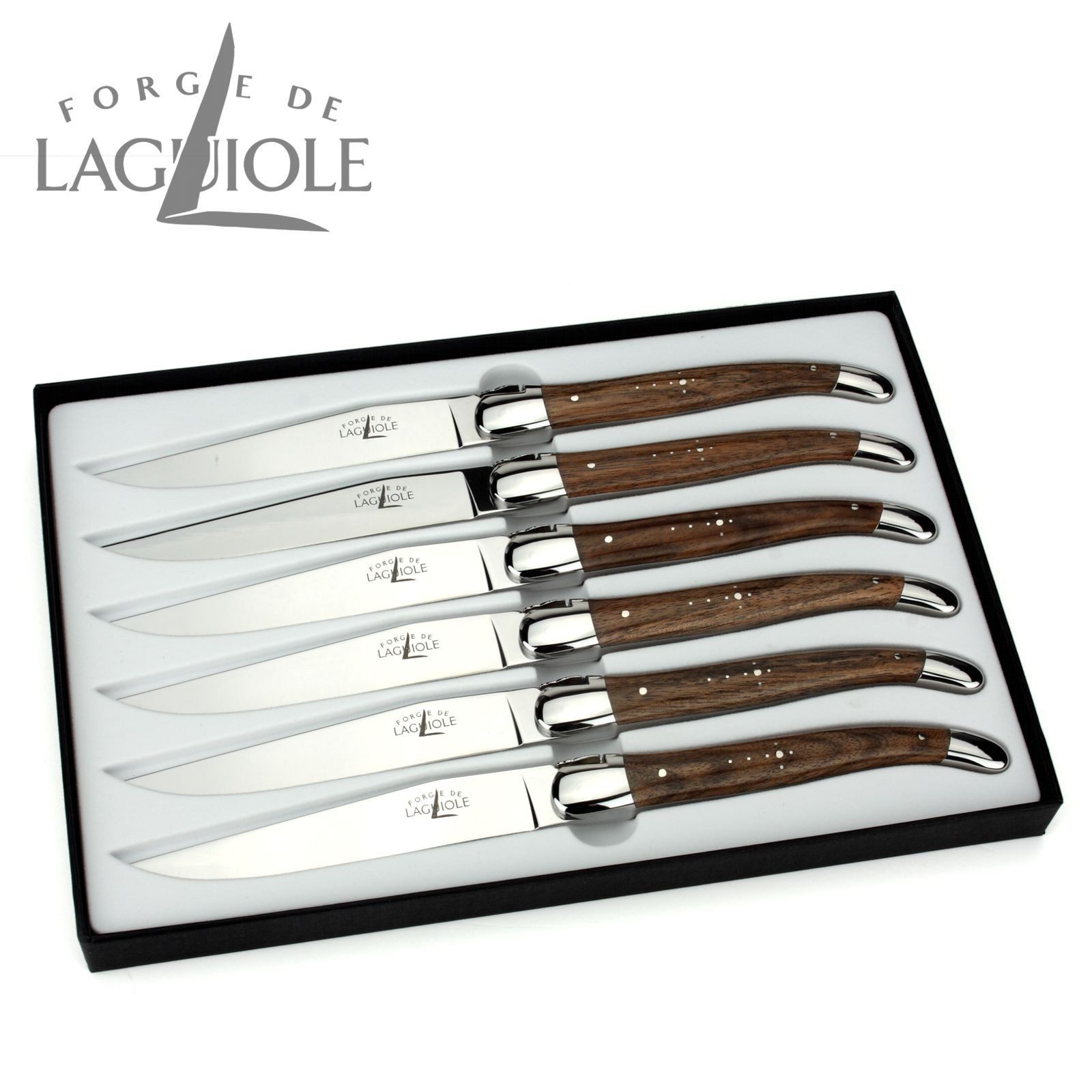 Forge de Laguiole Steakmesser T6 2M IN NO BRI 6er Set - Griff Nussbaum - Stahl glänzend - Aufbewahrungsbox